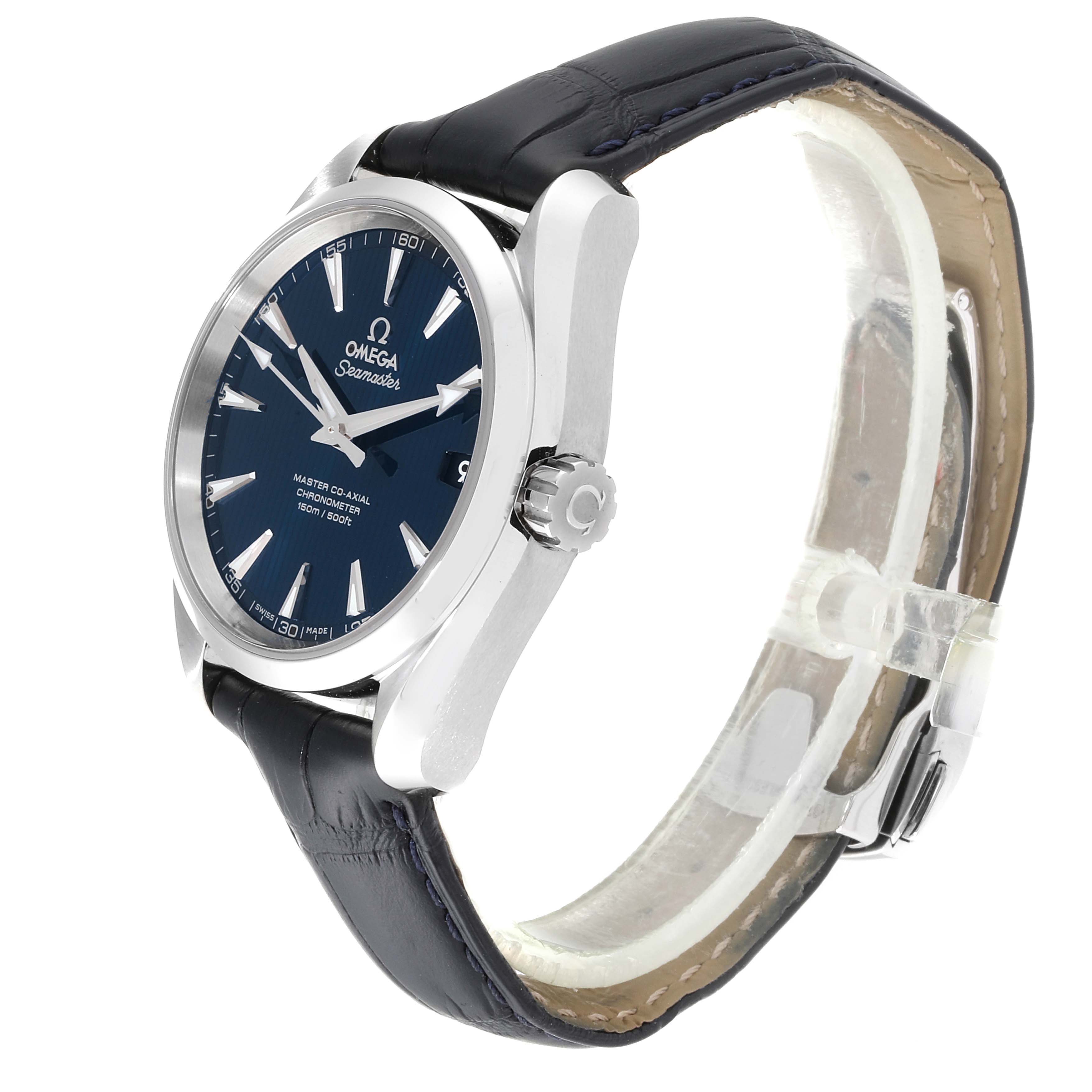 This Omega Aqua Terra  Men's Stainless Steel Blue Dial  Men's Stainless Steel Blue Dial watch is shown from an angled side view, displaying the face, crown, and band.
