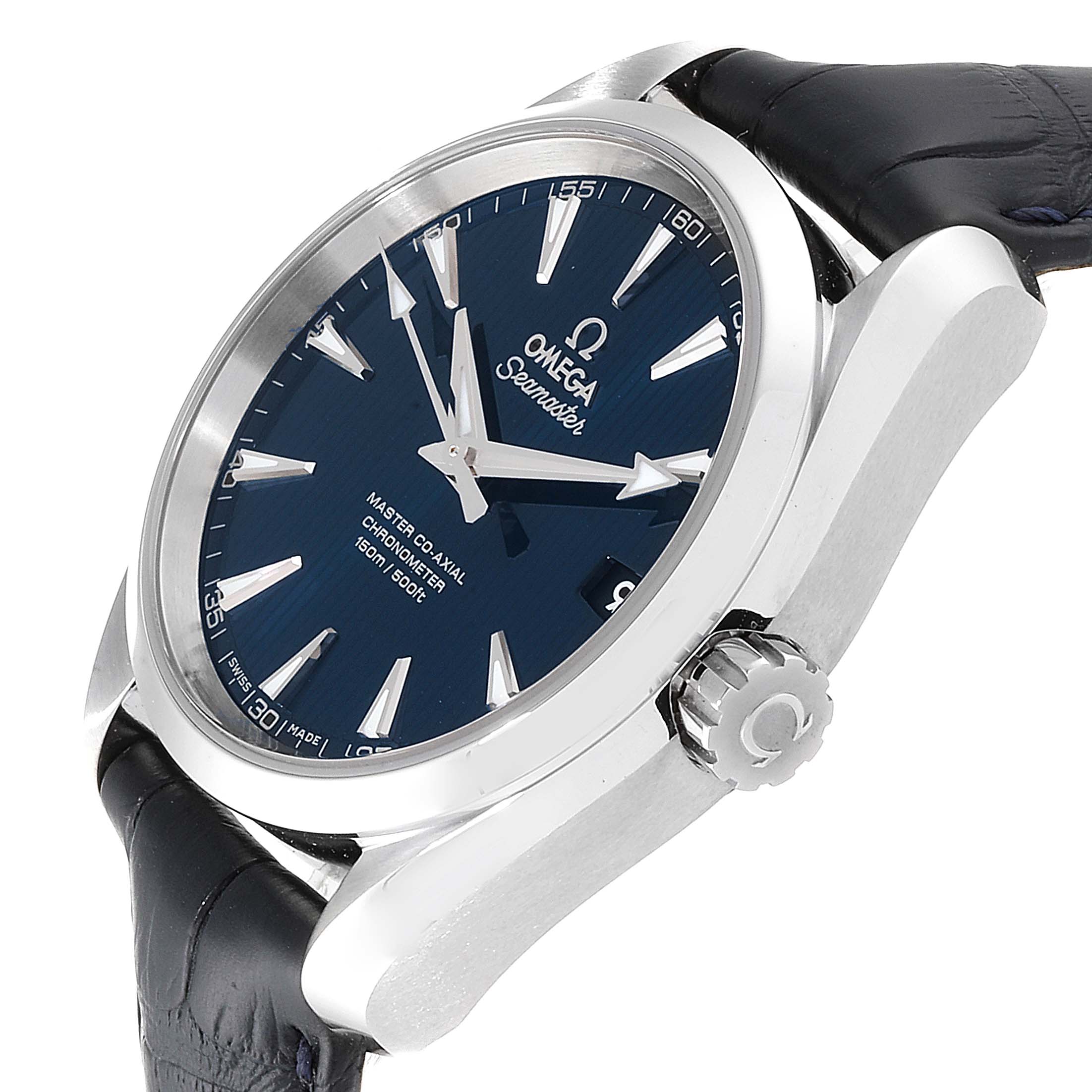The image shows a side and partial front angle of the Omega Aqua Terra  Men's Stainless Steel Blue Dial  Men's Stainless Steel Blue Dial, highlighting the crown, case, and part of the strap.