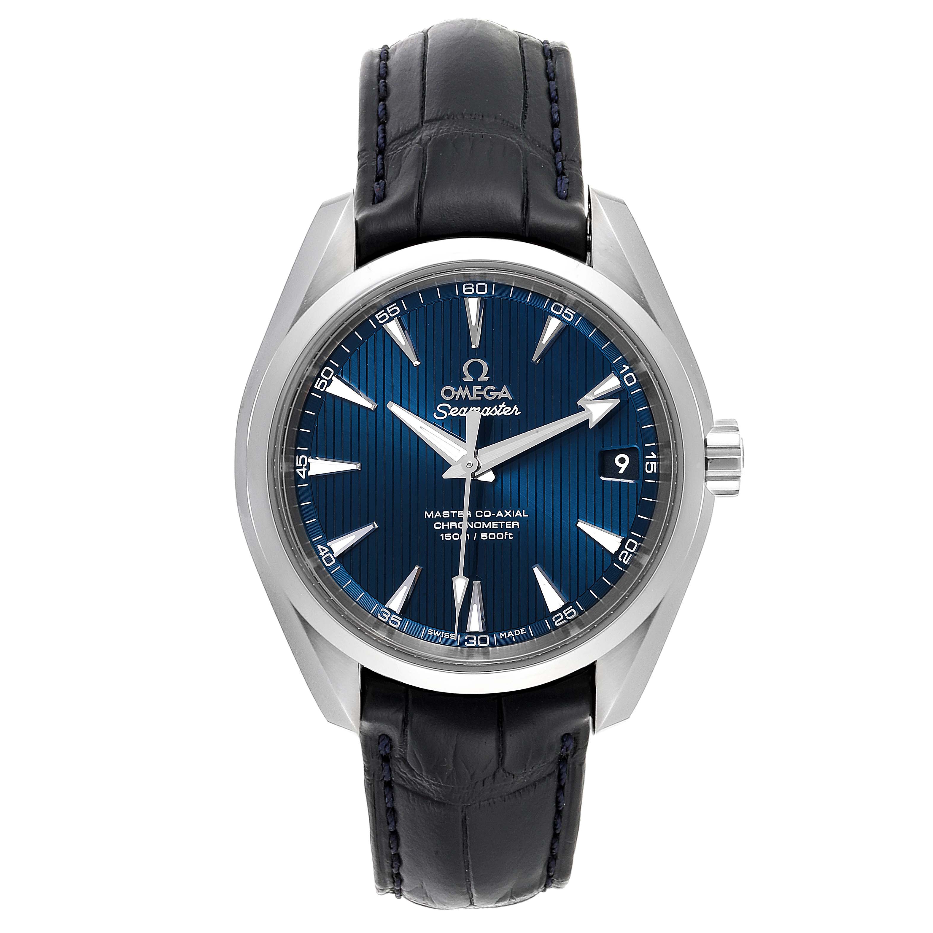 The image shows a front view of the Omega Aqua Terra  Men's Stainless Steel Blue Dial  Men's Stainless Steel Blue Dial watch, highlighting its blue dial, silver case, and black leather strap.