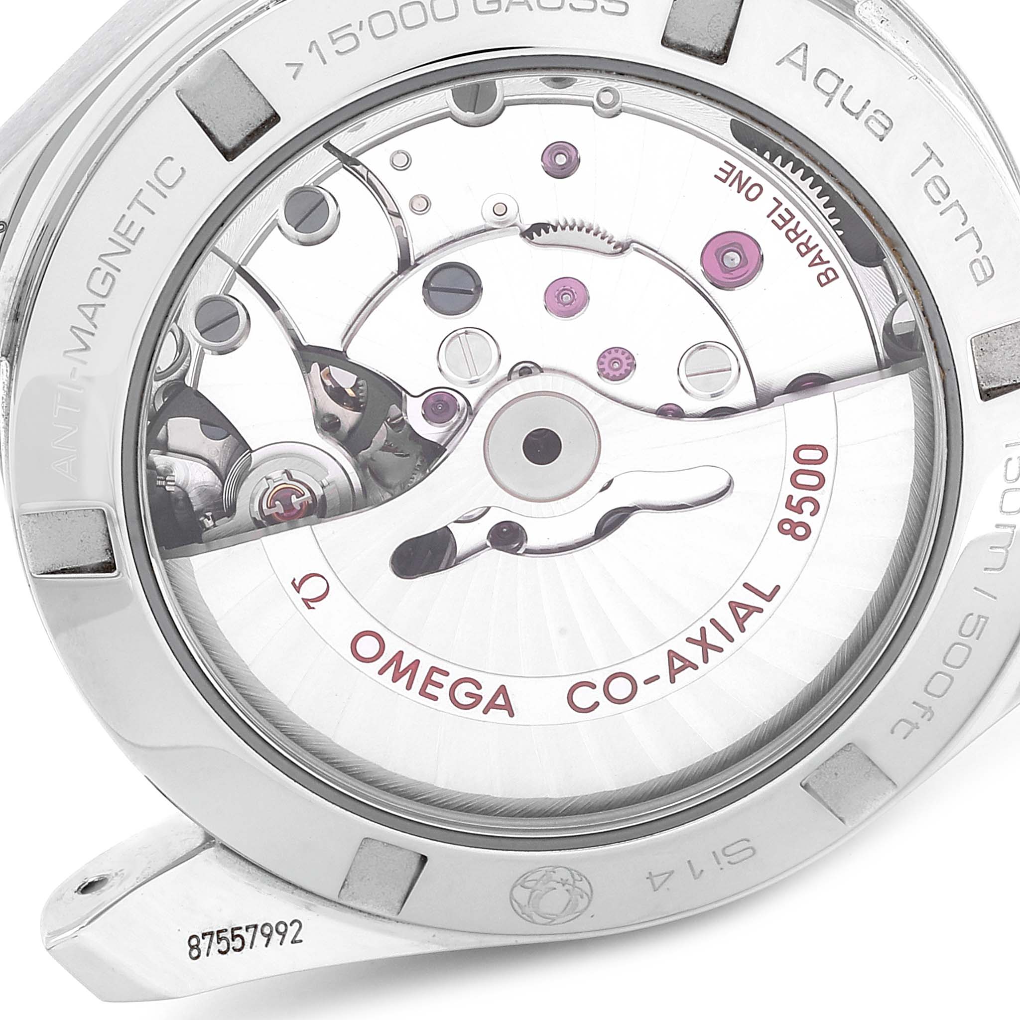 The image shows the back of an Omega Aqua Terra 231.13.39.21.03.001 Men
s Stainless Steel Blue Dial 231.13.39.21.03.001 Men
s Stainless Steel Blue Dial watch, revealing the intricate internal movement and mechanism.