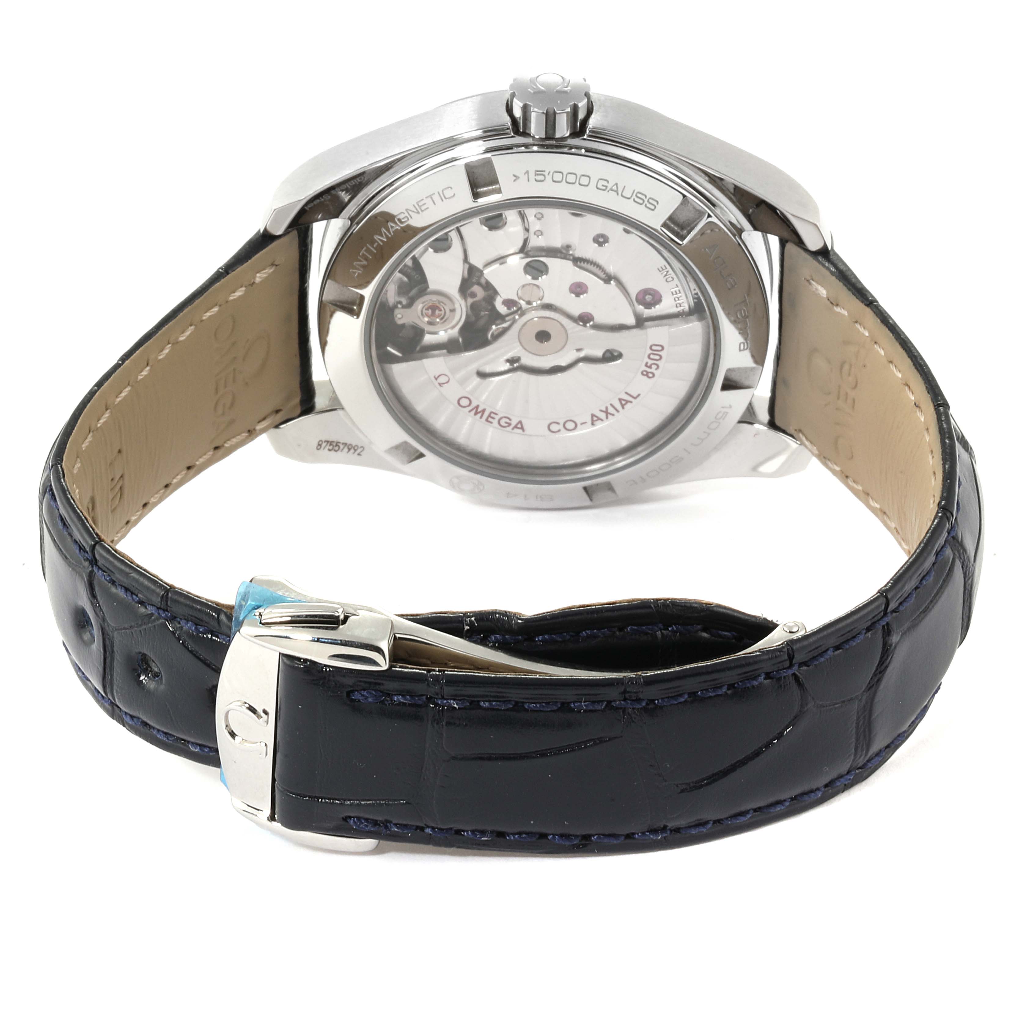 This image shows the back view of the Omega Aqua Terra 231.13.39.21.03.001 Men
s Stainless Steel Blue Dial 231.13.39.21.03.001 Men
s Stainless Steel Blue Dial watch, highlighting the movement and leather strap.