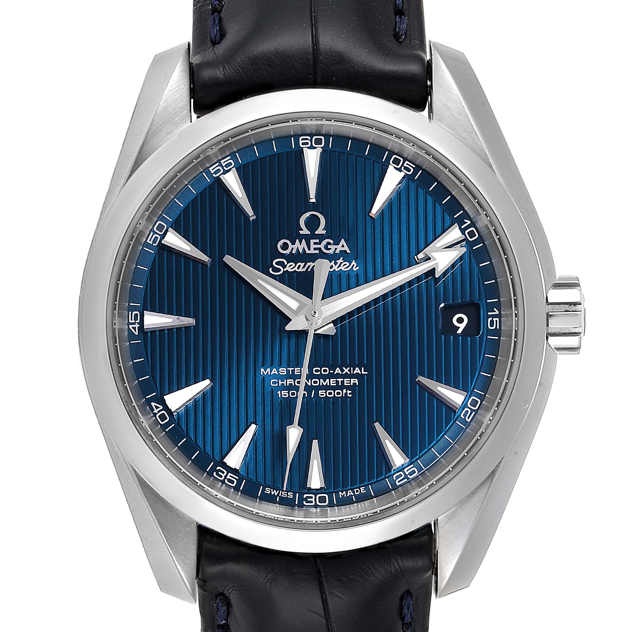 The image shows a frontal view of the Omega Seamaster Aqua Terra watch with a blue dial and leather strap.
