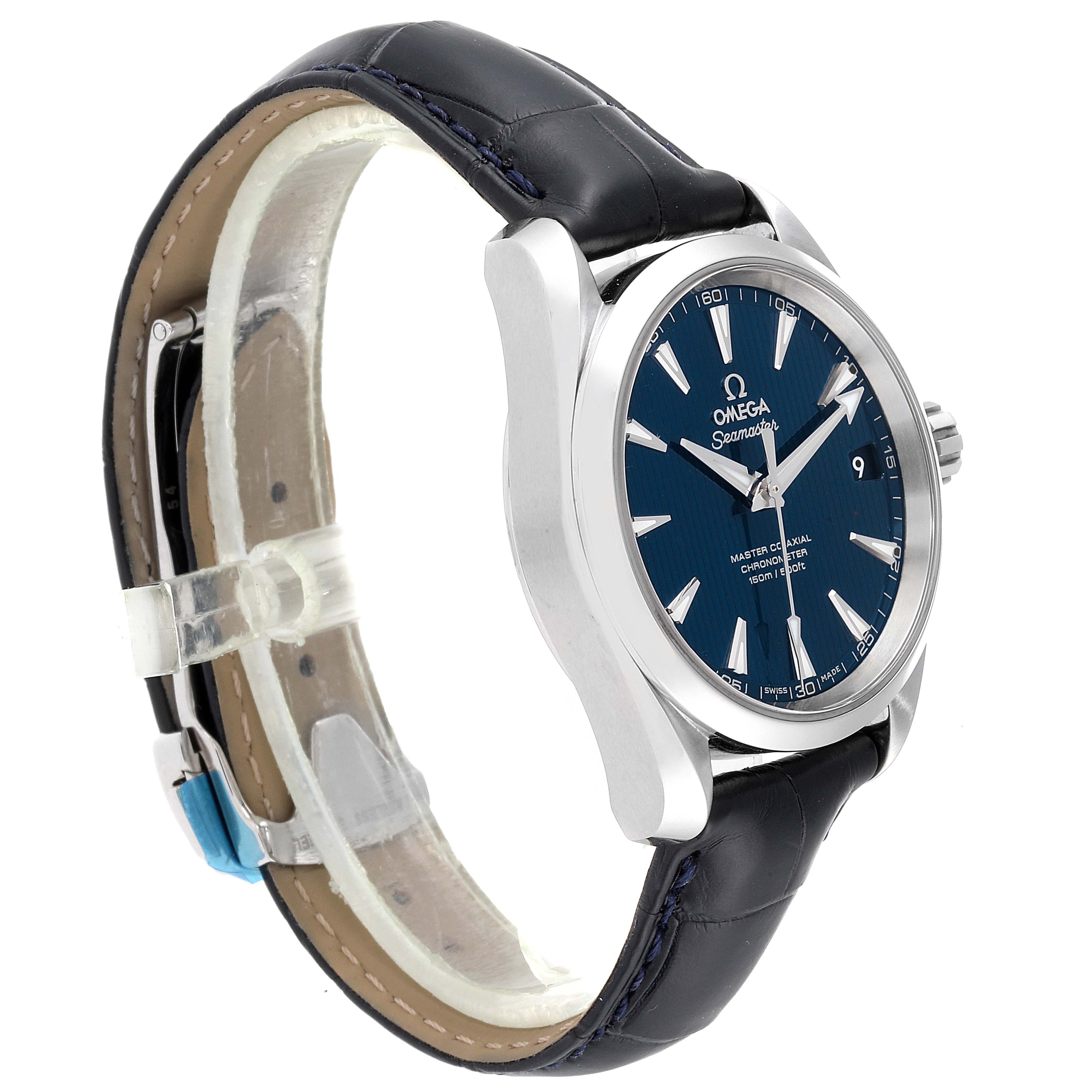 The Omega Aqua Terra 231.13.39.21.03.001 Men
s Stainless Steel Blue Dial 231.13.39.21.03.001 Men
s Stainless Steel Blue Dial watch is shown at a side angle, highlighting its blue dial, stainless steel case, and leather strap.