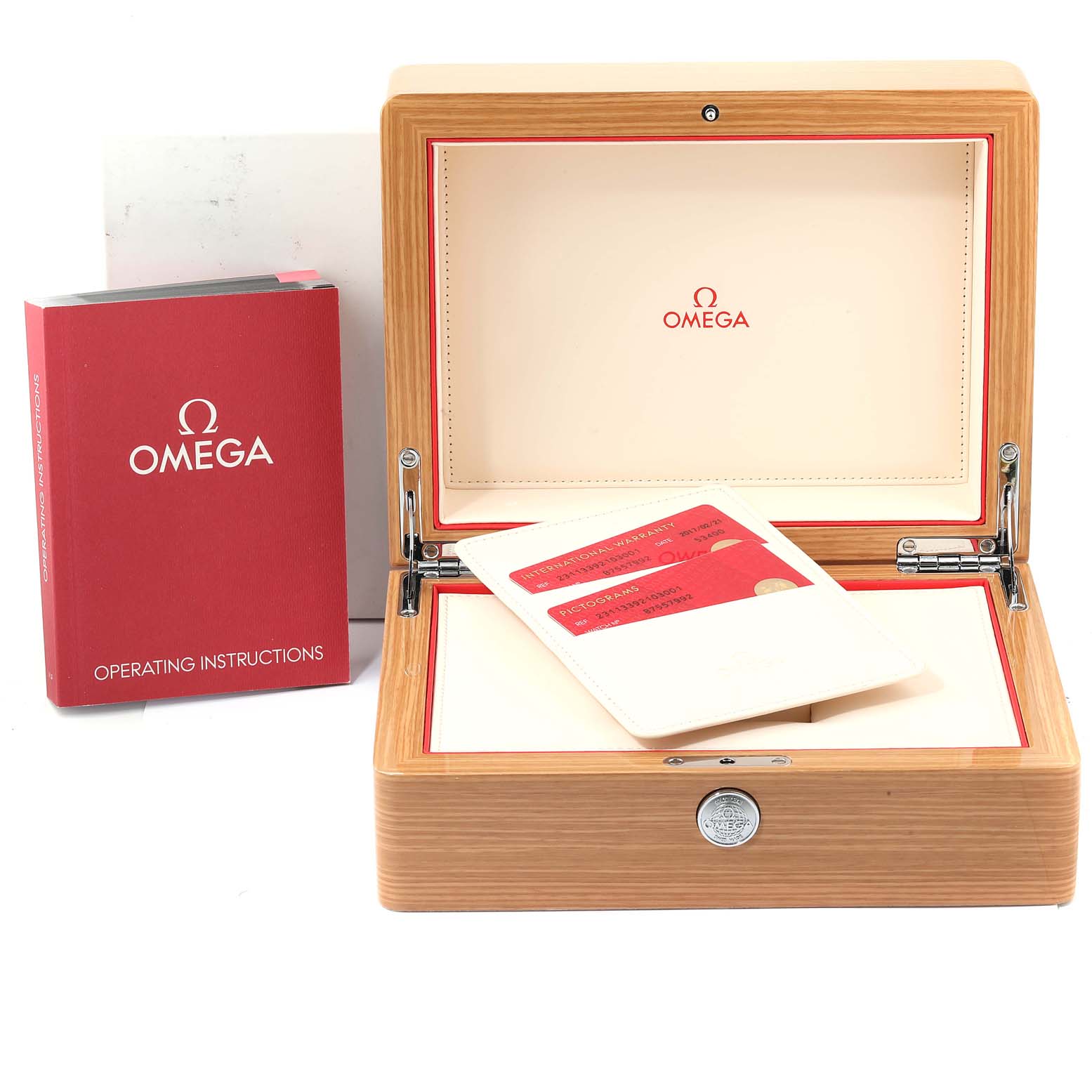 The image shows the open box, manuals, and warranty cards of an Omega Aqua Terra 231.13.39.21.03.001 Men
s Stainless Steel Blue Dial 231.13.39.21.03.001 Men
s Stainless Steel Blue Dial watch.