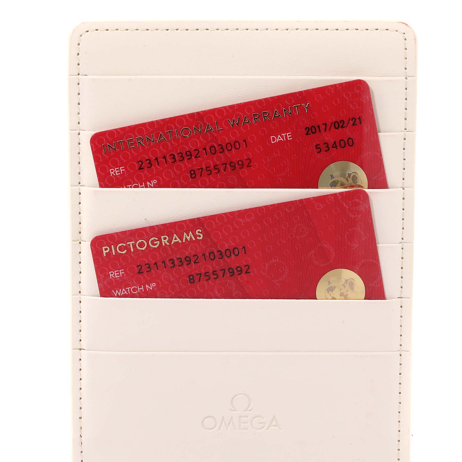 The image shows the warranty and pictograms cards for the Omega Aqua Terra 231.13.39.21.03.001 Men
s Stainless Steel Blue Dial 231.13.39.21.03.001 Men
s Stainless Steel Blue Dial model, placed in a white cardholder.