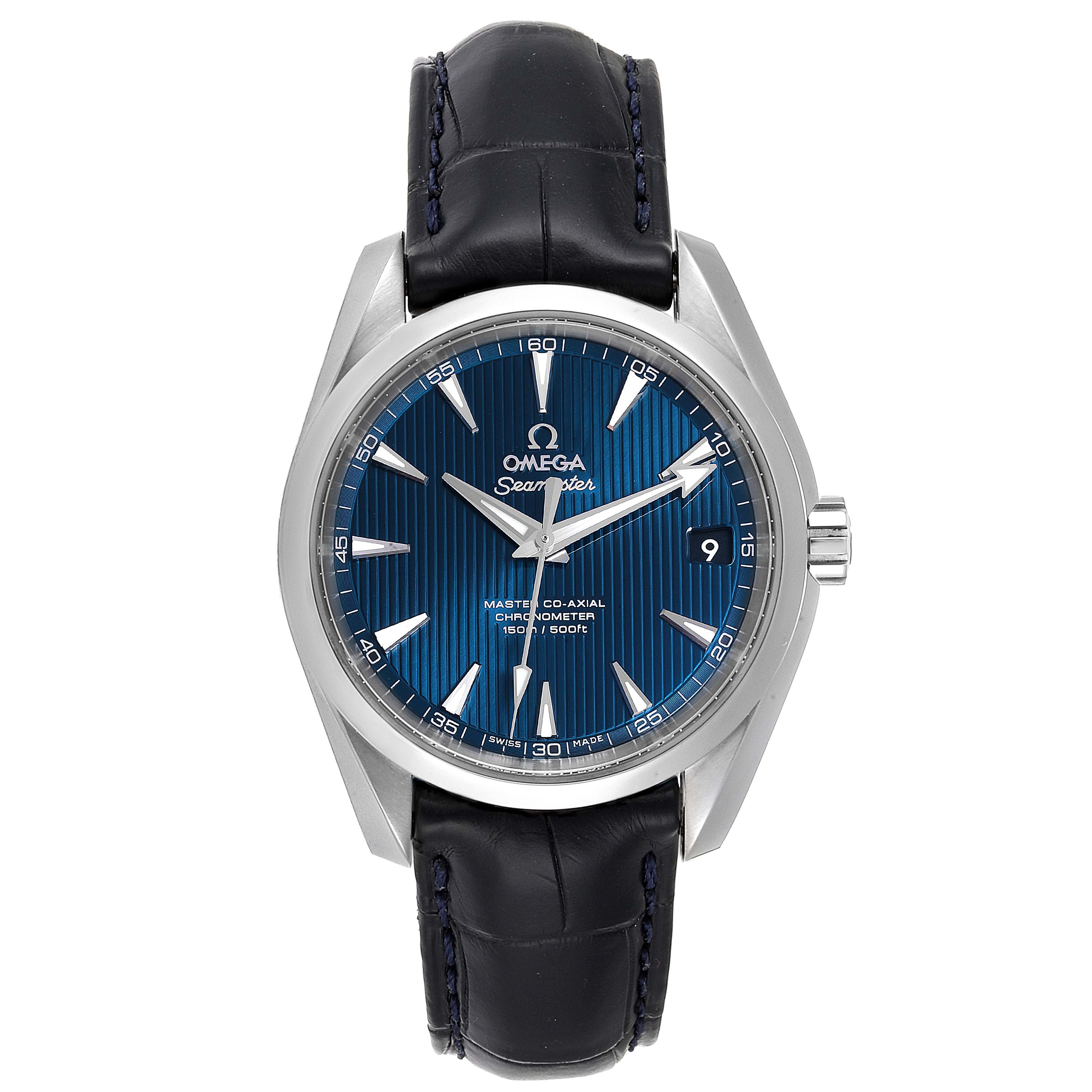 The image shows a front view of an Omega Aqua Terra 231.13.39.21.03.001 Men
s Stainless Steel Blue Dial 231.13.39.21.03.001 Men
s Stainless Steel Blue Dial watch, highlighting the dial, hands, bezel, and strap.