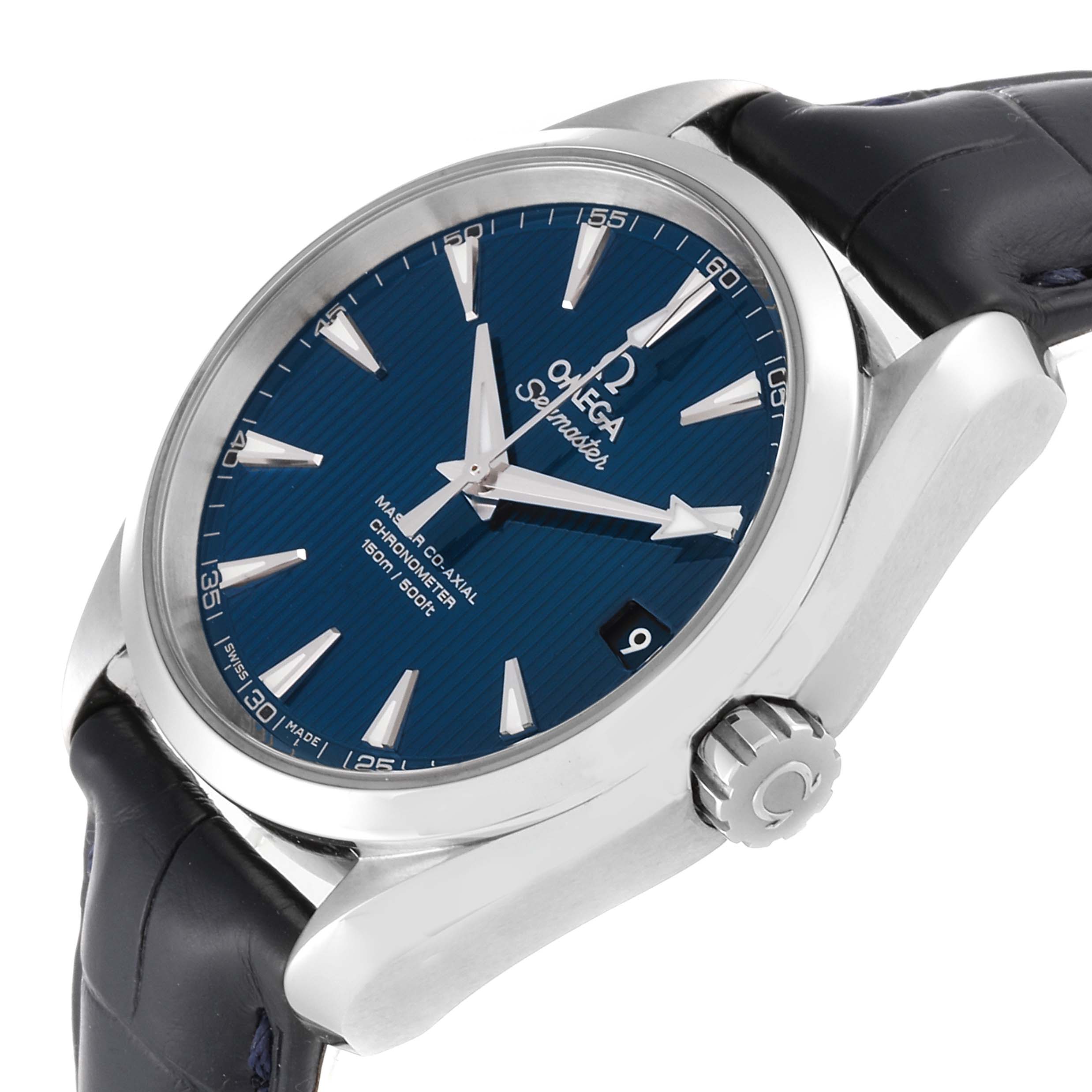 The image shows the Omega Aqua Terra 231.13.39.21.03.001 Men
s Stainless Steel Blue Dial 231.13.39.21.03.001 Men
s Stainless Steel Blue Dial watch at a three-quarter view, highlighting the dial, crown, and part of the strap.