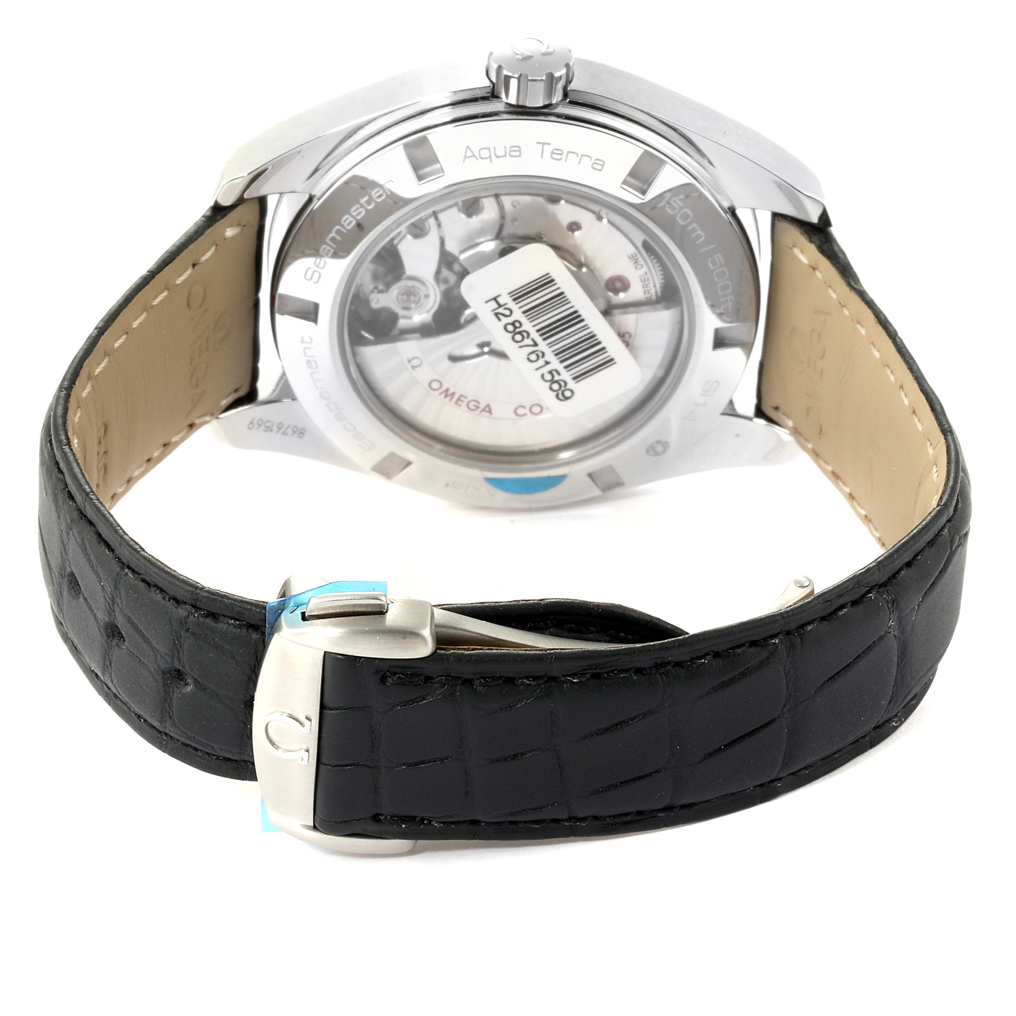 This image shows the back view of an Omega Aqua Terra 231.13.43.22.02.004 Men
s Stainless Steel Silver Dial 231.13.43.22.02.004 Men
s Stainless Steel Silver Dial watch, highlighting the case back and black leather strap.