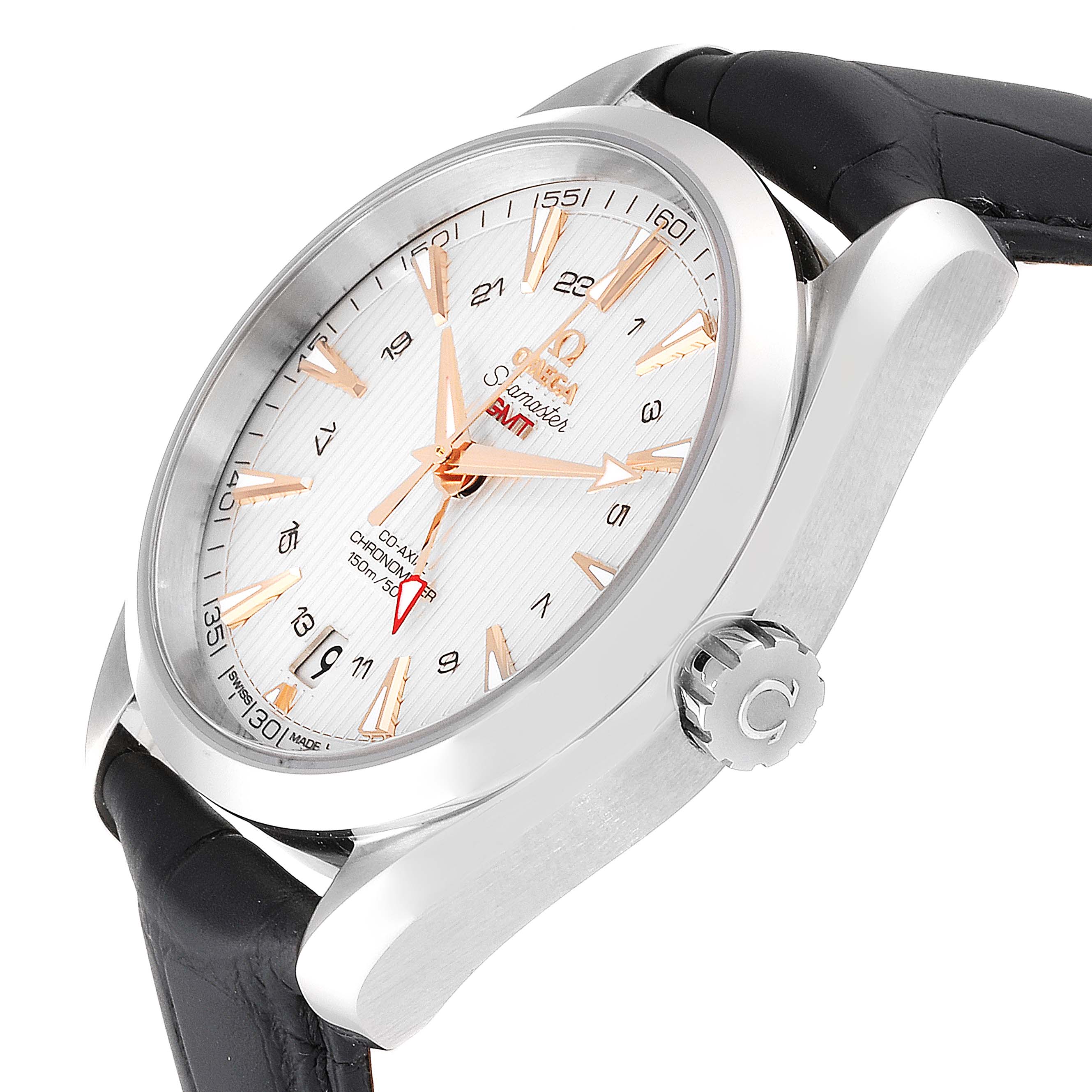 This image shows an angled view of the Omega Aqua Terra 231.13.43.22.02.004 Men
s Stainless Steel Silver Dial 231.13.43.22.02.004 Men
s Stainless Steel Silver Dial watch, highlighting its white dial, silver case, crown, and black strap.