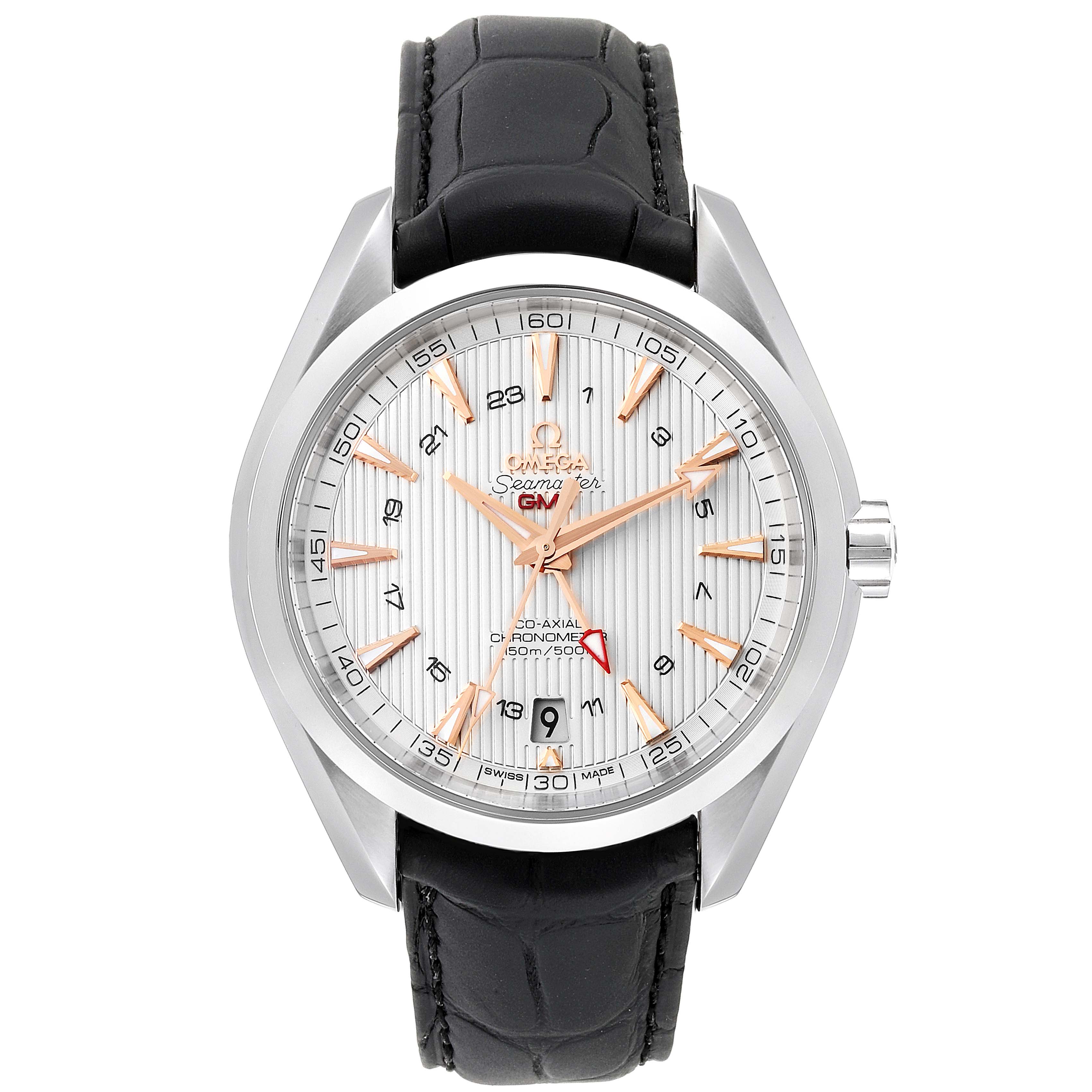 This Omega Aqua Terra 231.13.43.22.02.004 Men
s Stainless Steel Silver Dial 231.13.43.22.02.004 Men
s Stainless Steel Silver Dial watch is shown from the front, highlighting its dial, case, and leather strap.