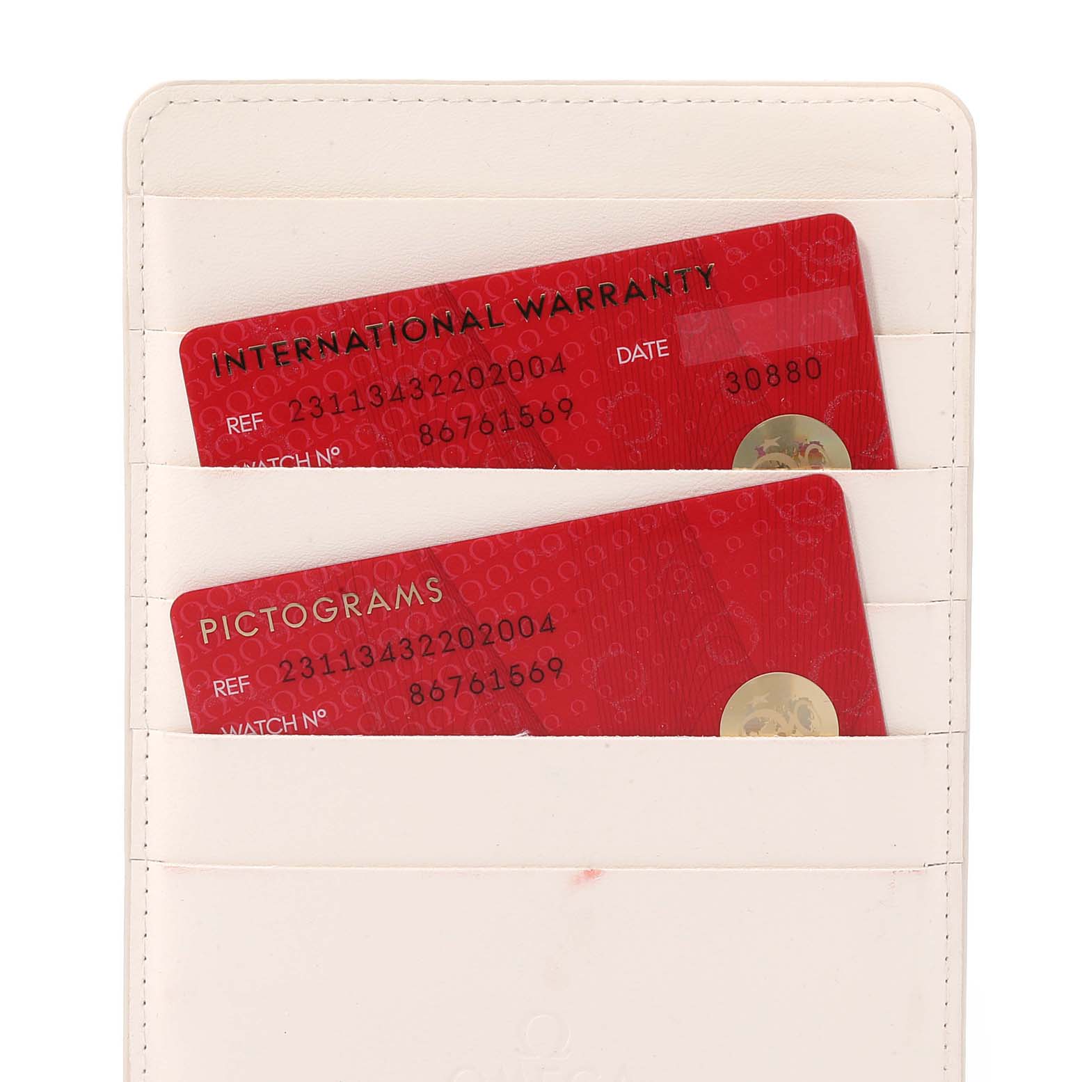 The image shows two red warranty and pictogram cards for the Omega Aqua Terra 231.13.43.22.02.004 Men
s Stainless Steel Silver Dial 231.13.43.22.02.004 Men
s Stainless Steel Silver Dial model, placed in a white cardholder.