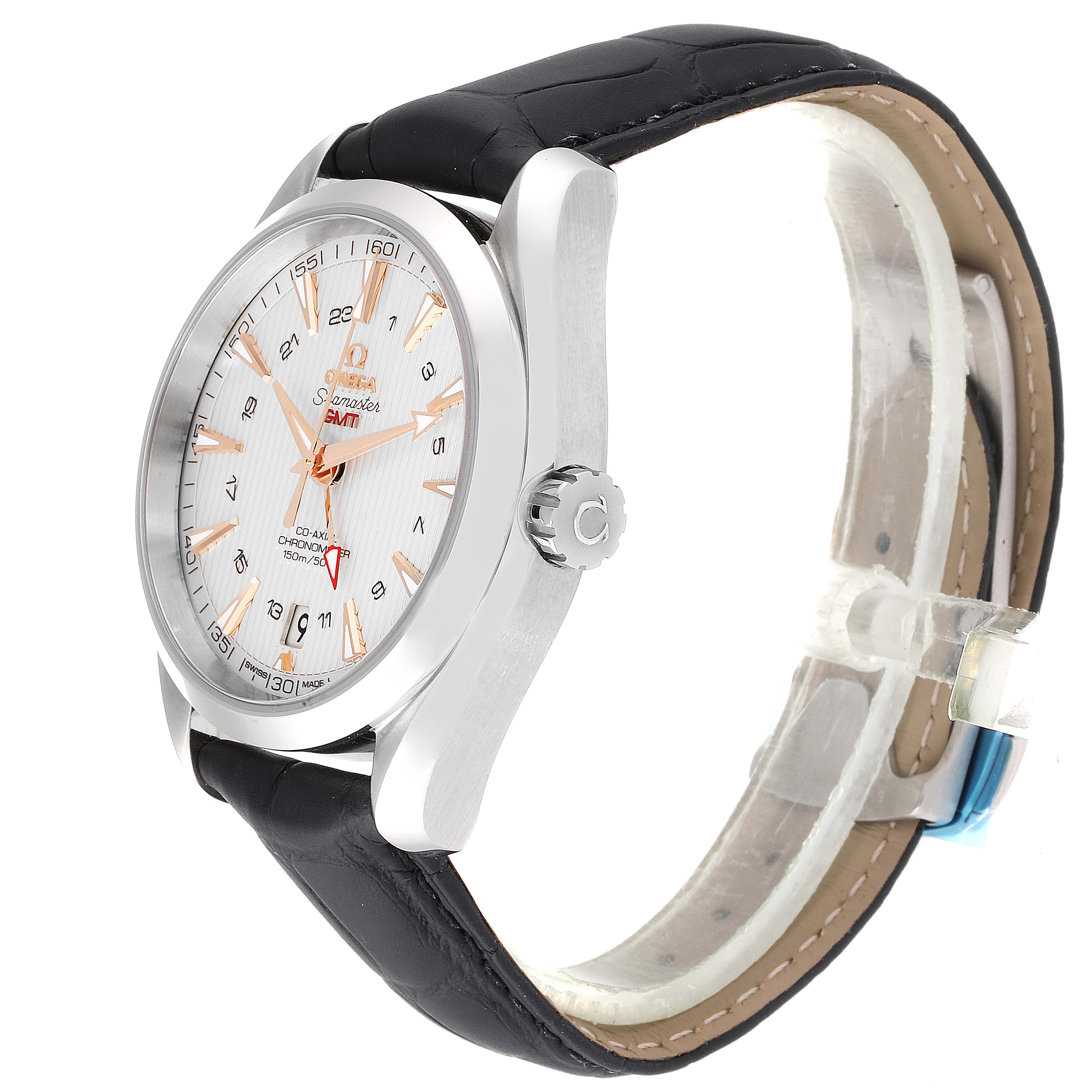 The Omega Aqua Terra 231.13.43.22.02.004 Men
s Stainless Steel Silver Dial 231.13.43.22.02.004 Men
s Stainless Steel Silver Dial model is shown at an angled side view, highlighting the face, crown, and leather strap.