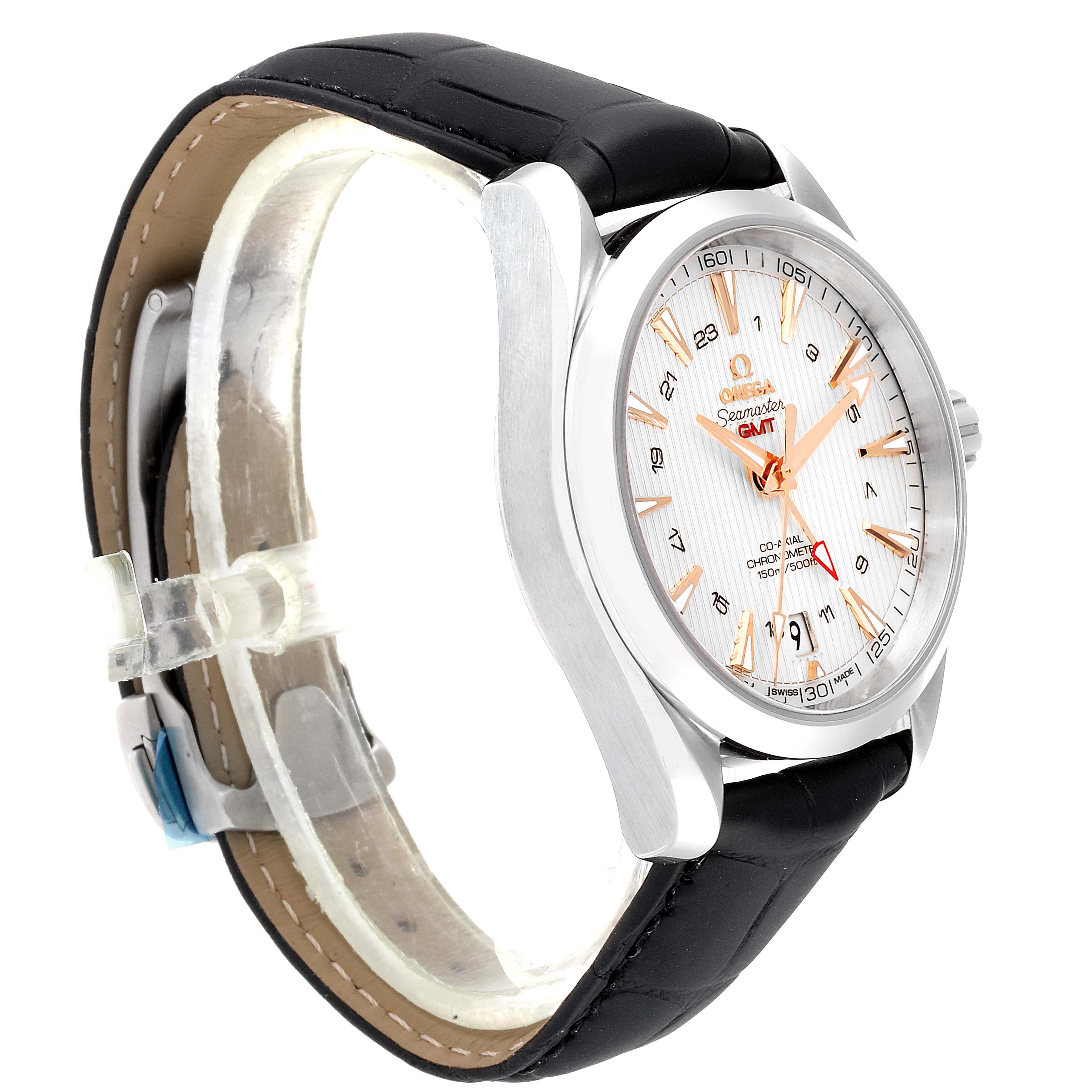 The Omega Aqua Terra 231.13.43.22.02.004 Men
s Stainless Steel Silver Dial 231.13.43.22.02.004 Men
s Stainless Steel Silver Dial model watch is shown at a three-quarter angle, highlighting its face, crown, and leather strap.