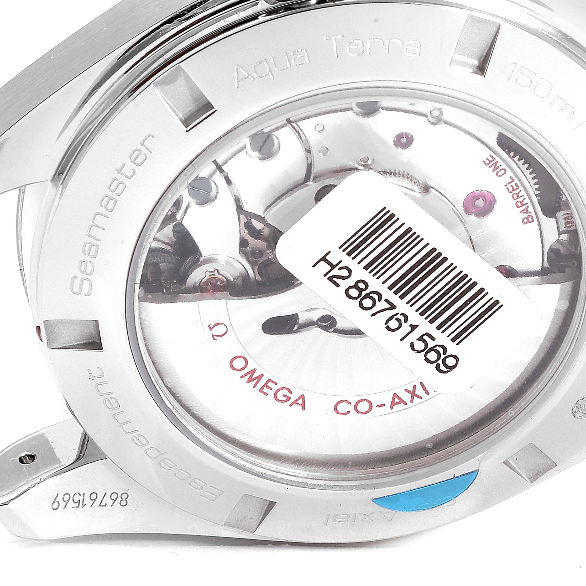 The image shows the back of the Omega Aqua Terra 231.13.43.22.02.004 Men
s Stainless Steel Silver Dial 231.13.43.22.02.004 Men
s Stainless Steel Silver Dial watch, highlighting the movement and the engraved details.