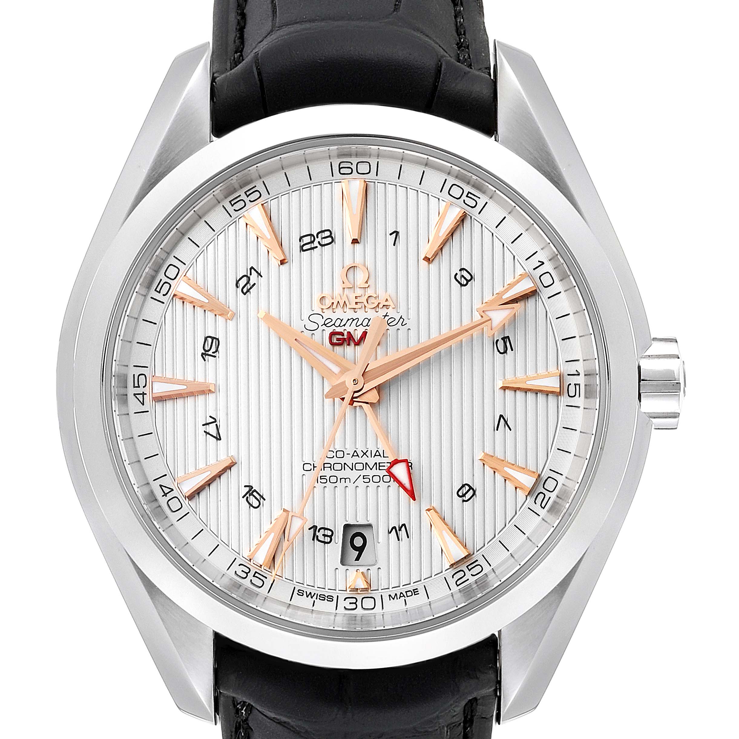 The image shows a front view of an Omega Aqua Terra 231.13.43.22.02.004 Men
s Stainless Steel Silver Dial 231.13.43.22.02.004 Men
s Stainless Steel Silver Dial watch, highlighting the dial, hands, bezel, and crown.