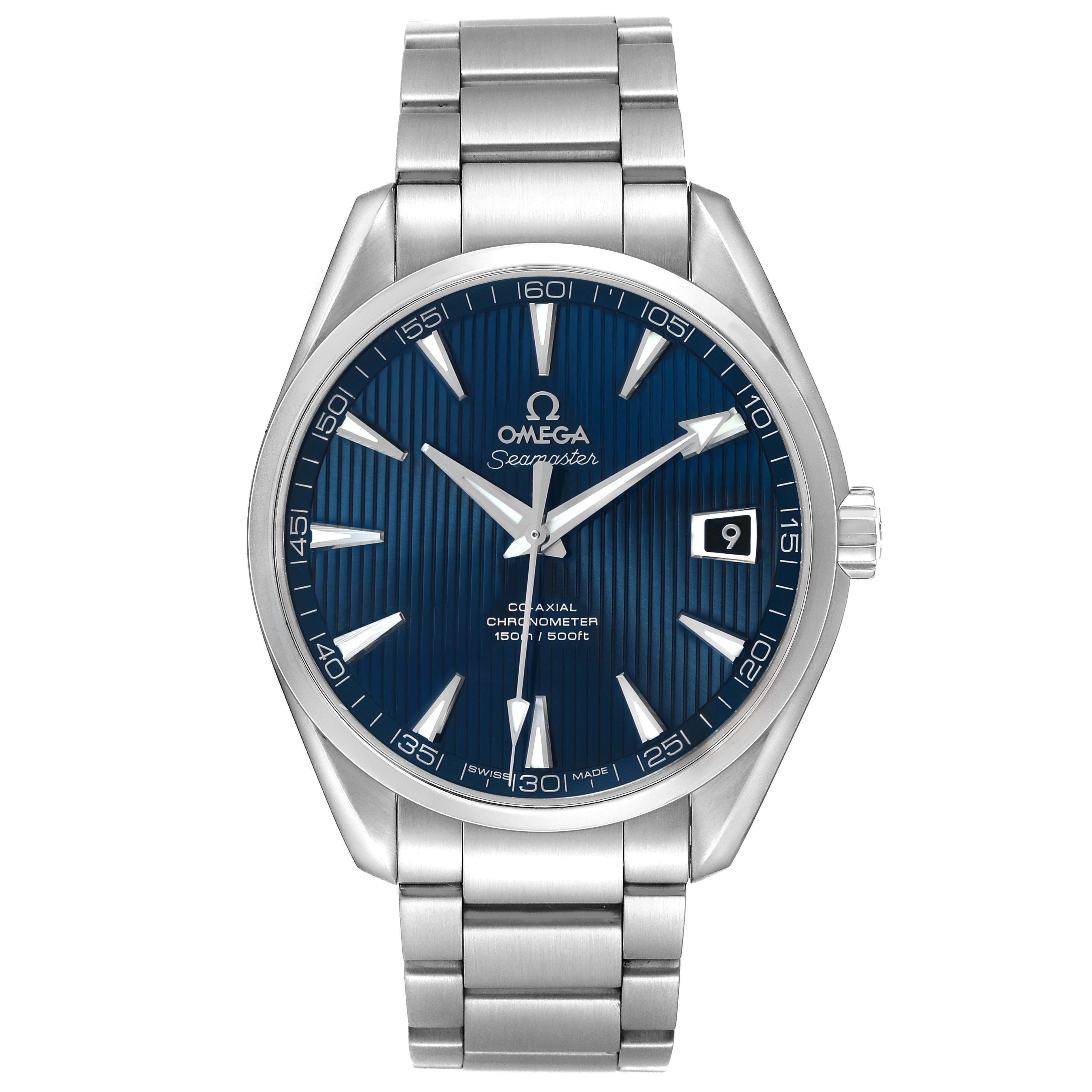 The Omega Aqua Terra 231.10.42.21.03.001 Men's Stainless Steel Blue Dial watch is shown from the front, displaying the face, bezel, and bracelet.