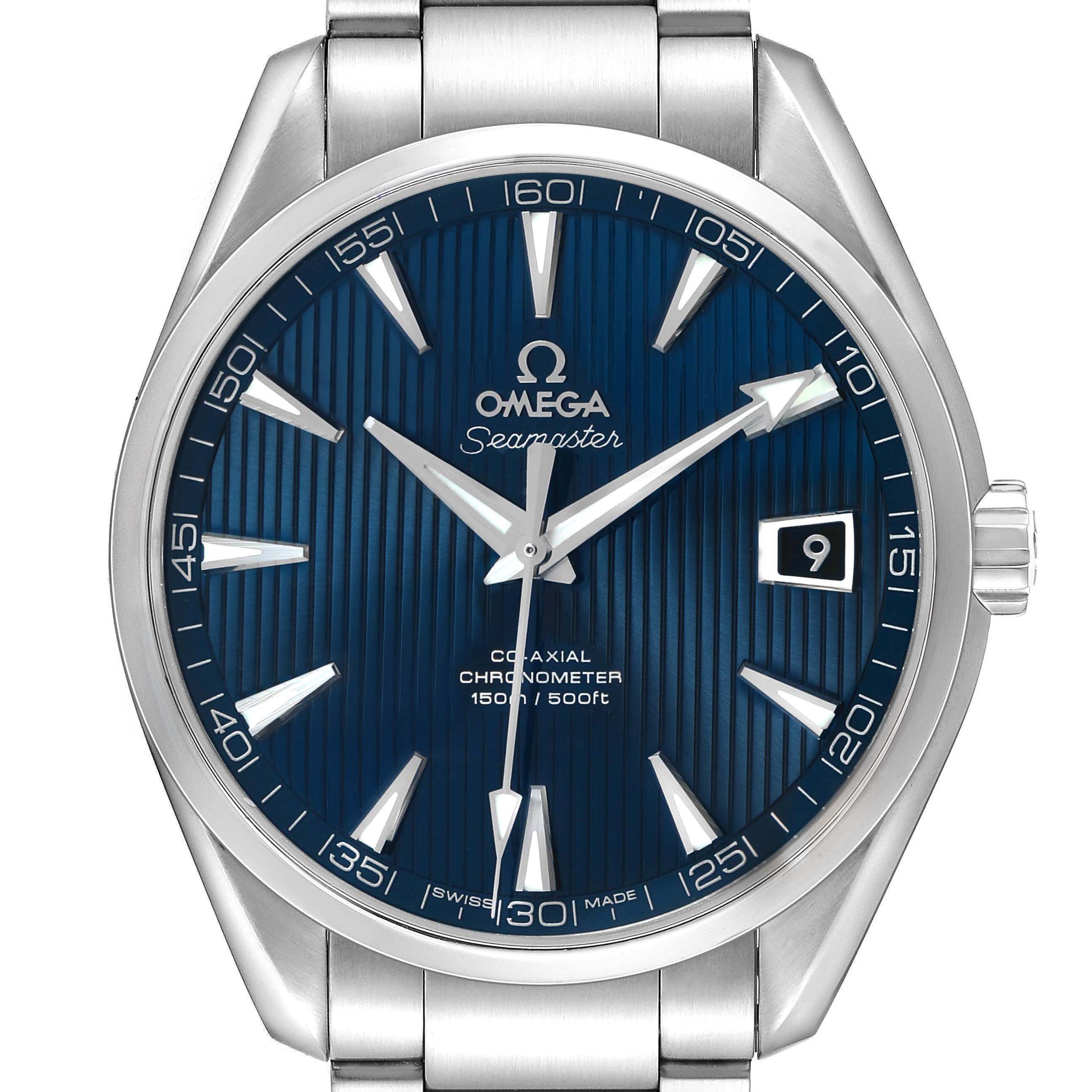 The Omega Aqua Terra 231.10.42.21.03.001 Men's Stainless Steel Blue Dial watch is shown face-on, highlighting its blue dial, date window, and silver markers.