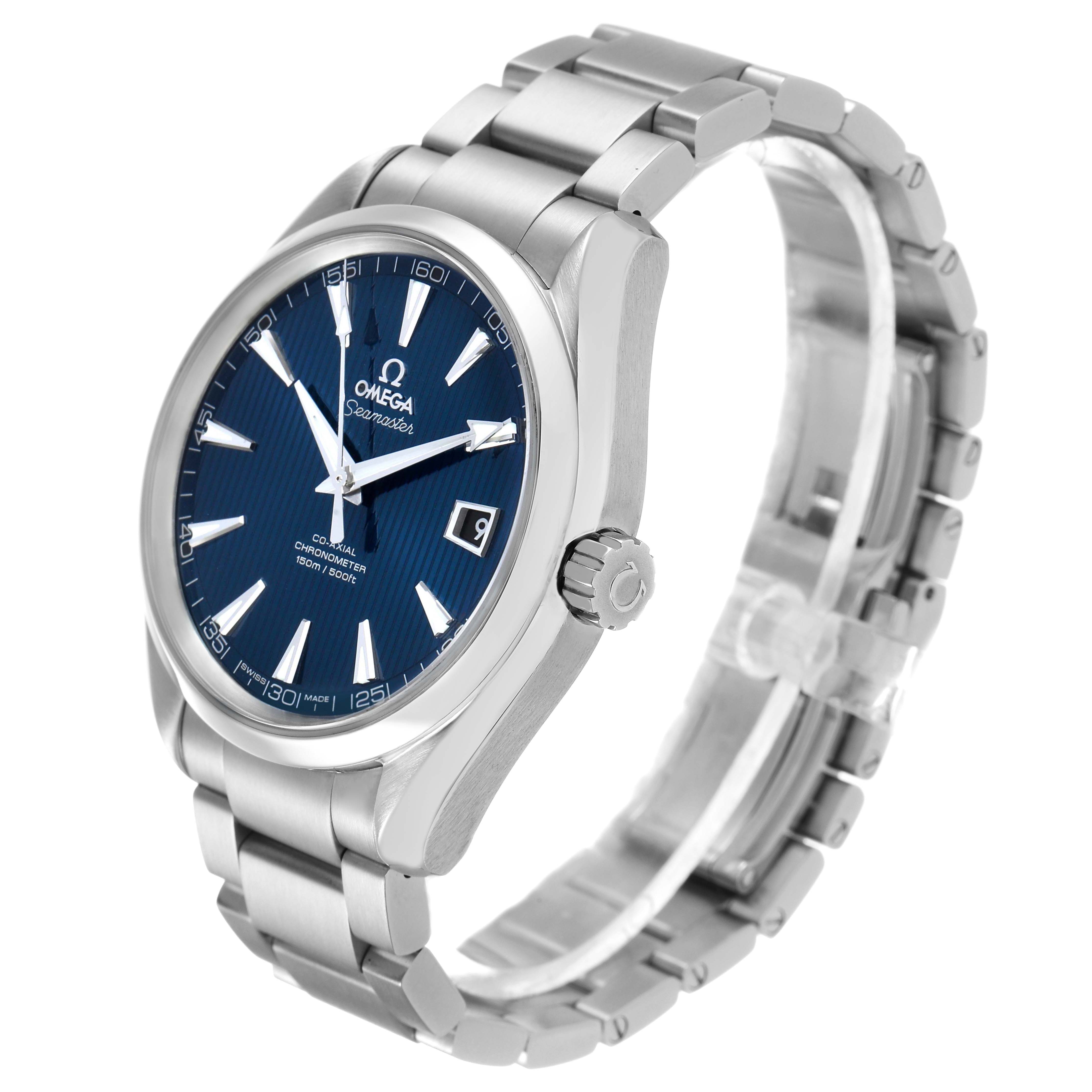 The Omega Aqua Terra 231.10.42.21.03.001 Men's Stainless Steel Blue Dial watch is shown at a three-quarter angle, highlighting the dial, bezel, crown, and bracelet.