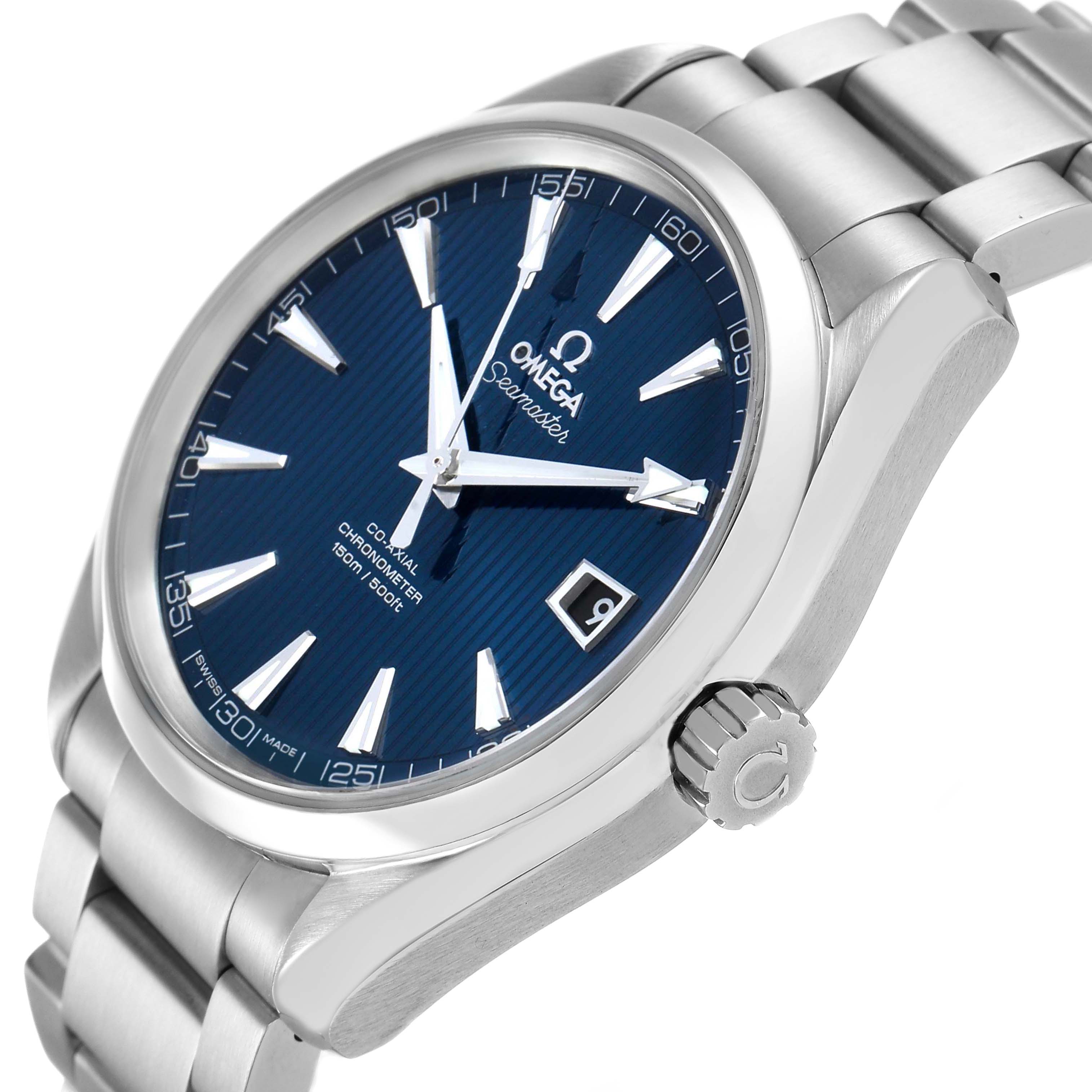 The Omega Aqua Terra 231.10.42.21.03.001 Men's Stainless Steel Blue Dial watch is shown at a slight angle, highlighting the blue dial, crown, and stainless steel bracelet.
