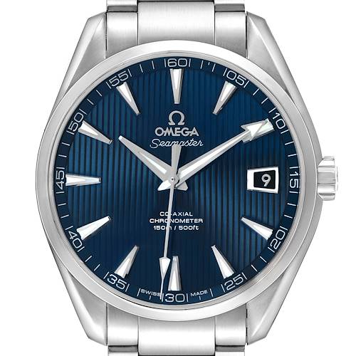 The Omega Aqua Terra 231.10.42.21.03.001 Men's Stainless Steel Blue Dial watch is shown from the front, highlighting the blue dial, date window, and stainless steel bracelet.