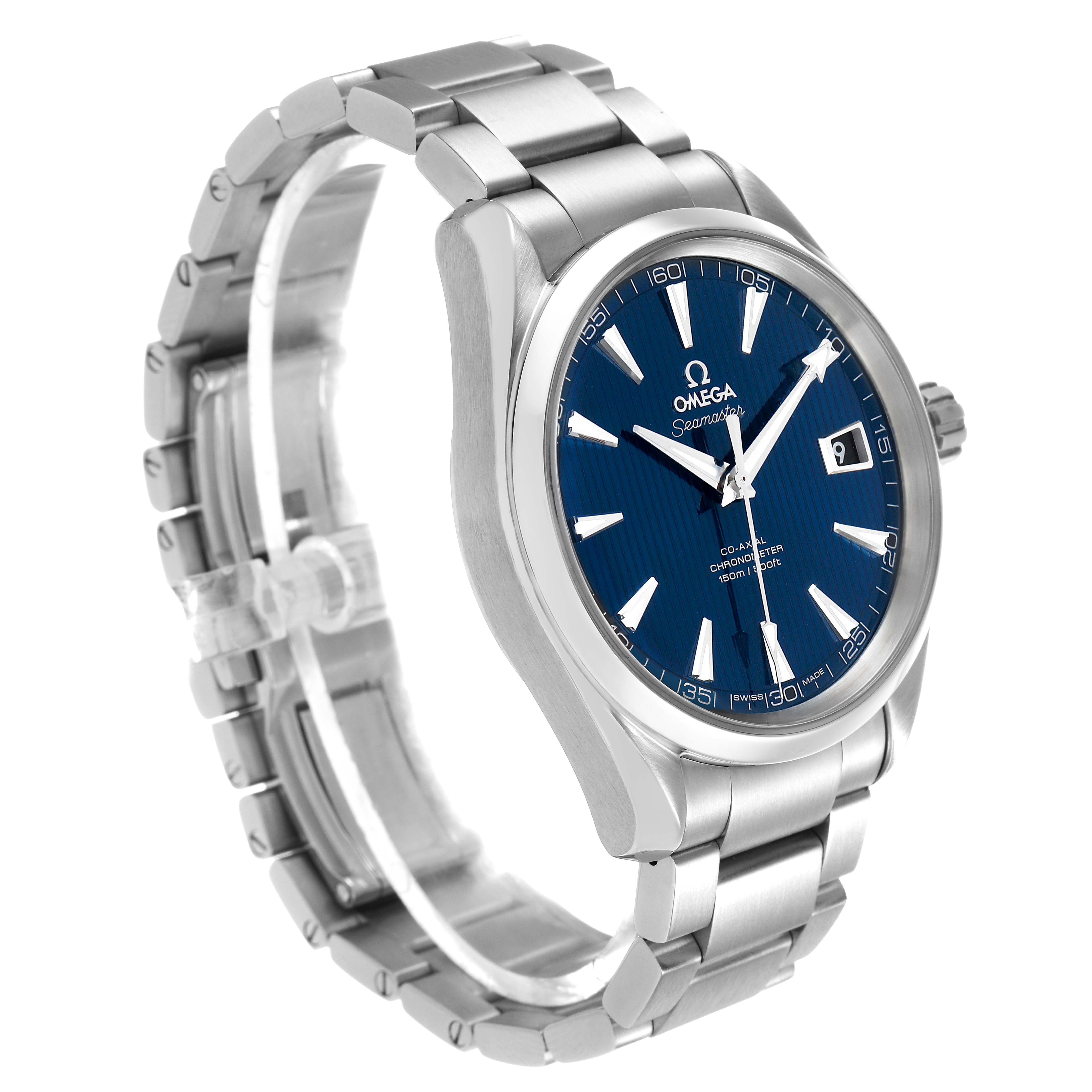 The Omega Aqua Terra 231.10.42.21.03.001 Men's Stainless Steel Blue Dial watch is shown at a three-quarter angle, displaying the face, bracelet, and crown.