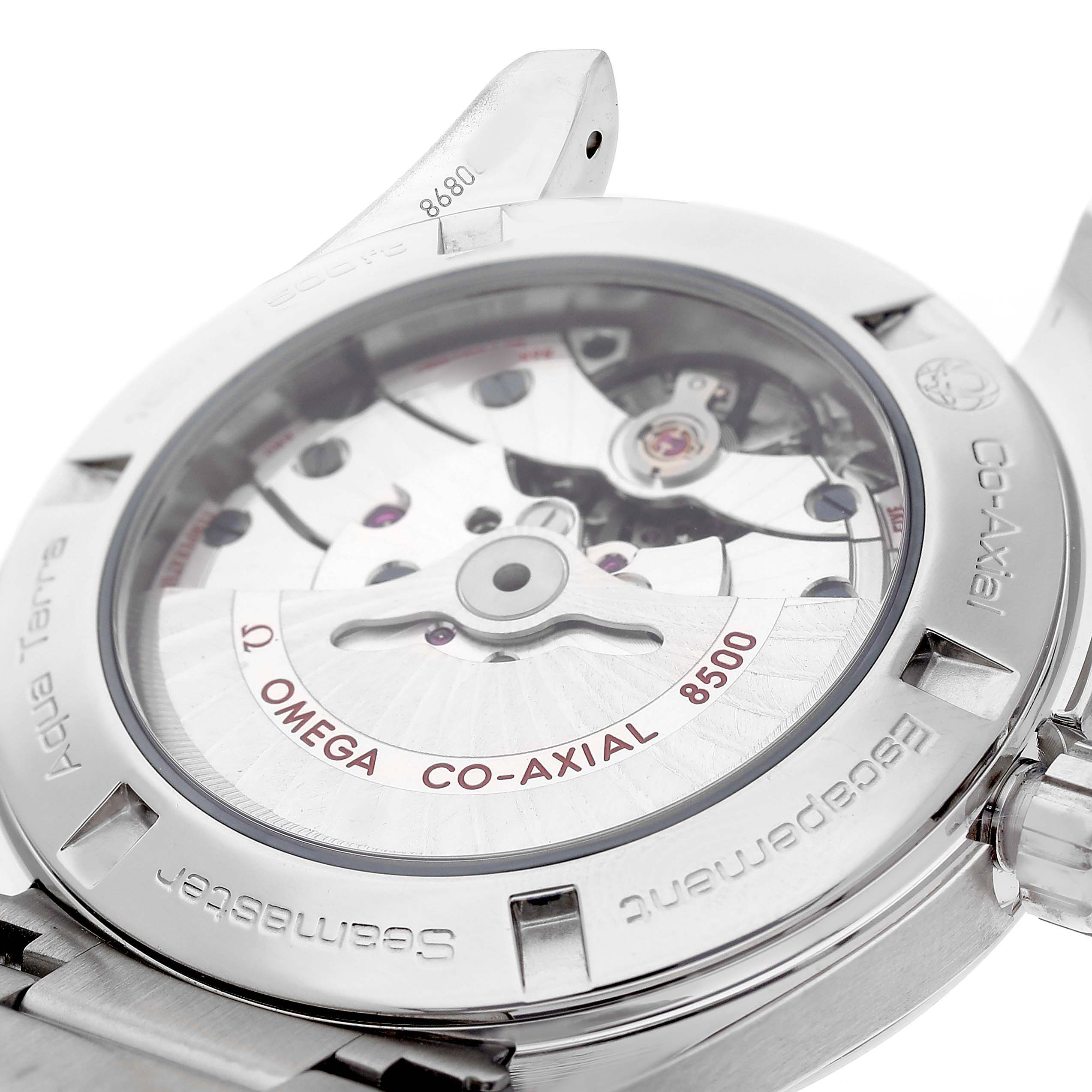 The image shows the back of an Omega Aqua Terra 231.10.42.21.03.001 Men's Stainless Steel Blue Dial watch, highlighting its Co-Axial movement visible through a transparent case back.