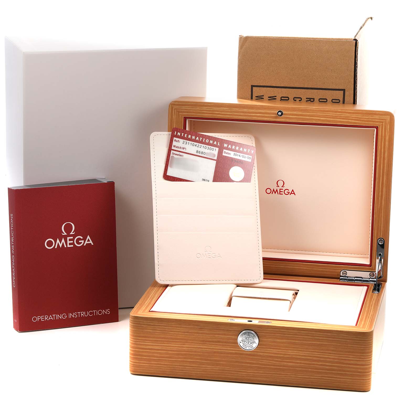 The image shows an Omega Aqua Terra 231.10.42.21.03.001 Men's Stainless Steel Blue Dial watch box, open with warranty cards and the instruction manual.