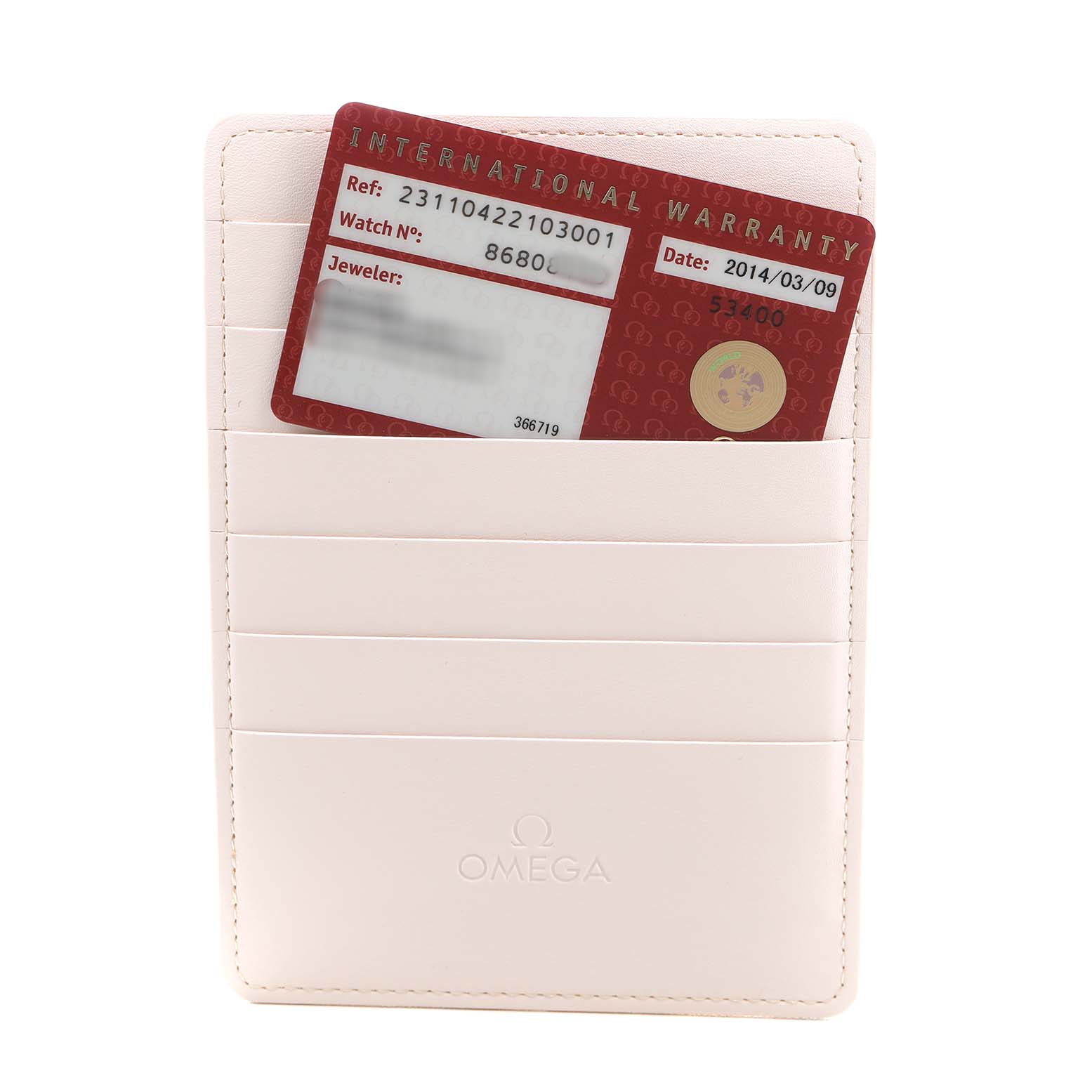 The image shows an Omega Aqua Terra 231.10.42.21.03.001 Men's Stainless Steel Blue Dial warranty card in a beige cardholder with the Omega logo.