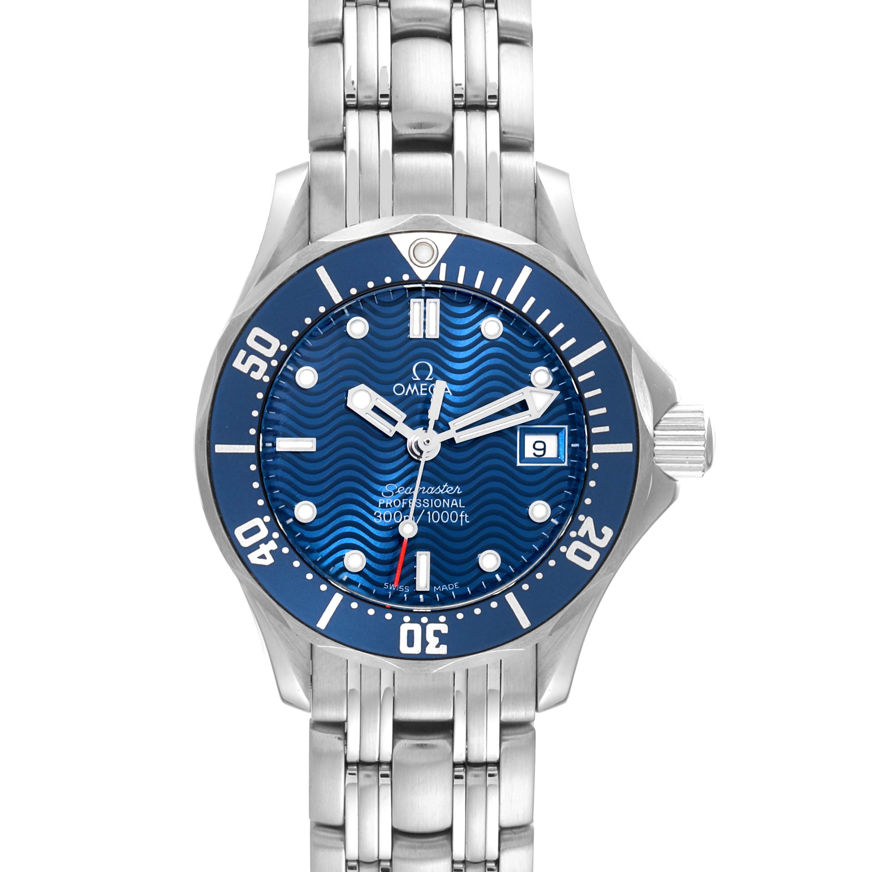 The image shows a front view of the Omega 2583.80.00 Women's Stainless Steel Blue Dial 2583.80.00 Women's Stainless Steel Blue Dial Seamaster Diver 300M 28mm Steel Ladies Watch, model 2583.80.00.