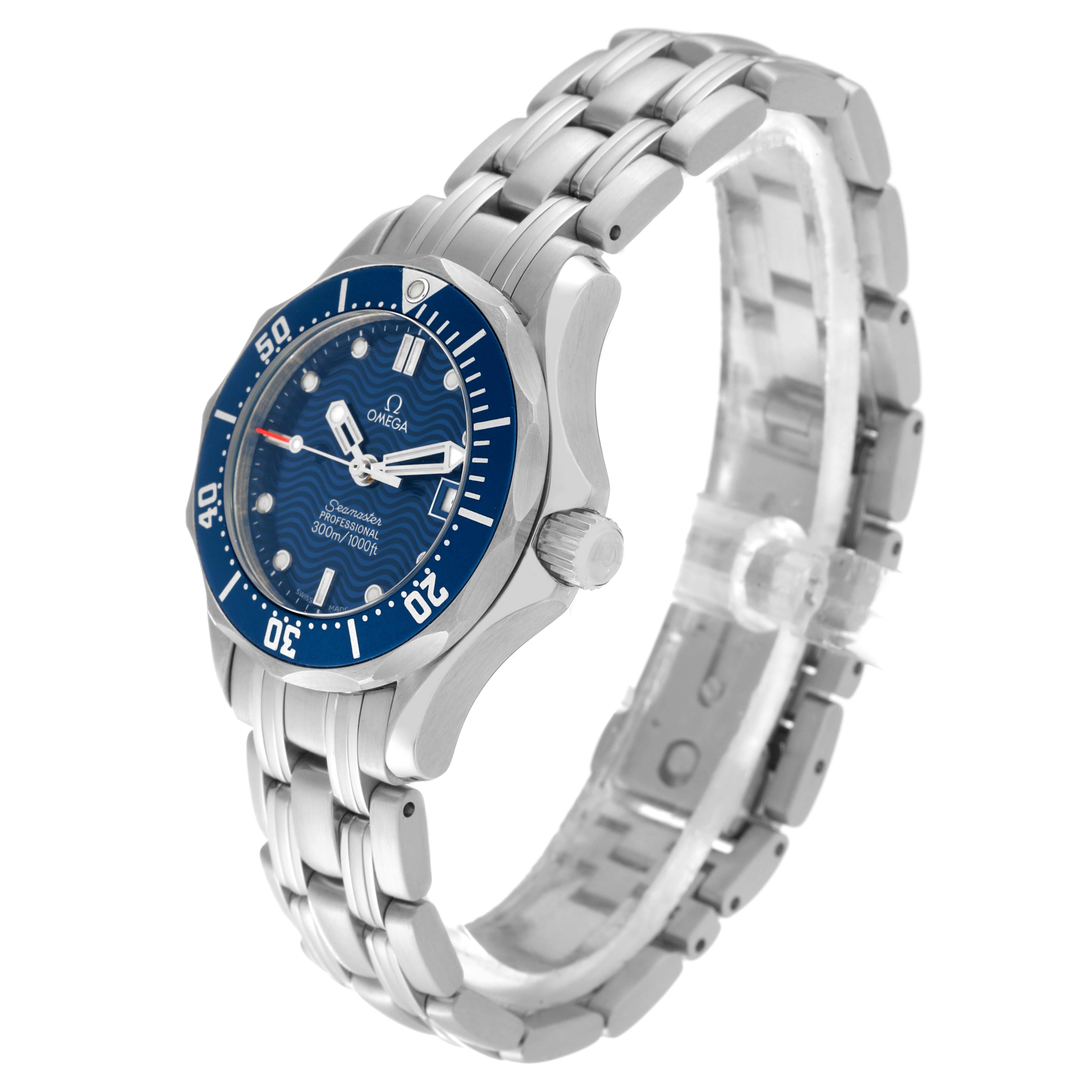 The Omega 2583.80.00 Women's Stainless Steel Blue Dial 2583.80.00 Women's Stainless Steel Blue Dial Seamaster Diver 300M 28mm Steel Ladies Watch 2583.80.00 is shown from a side angle, highlighting its blue dial and stainless steel bracelet.