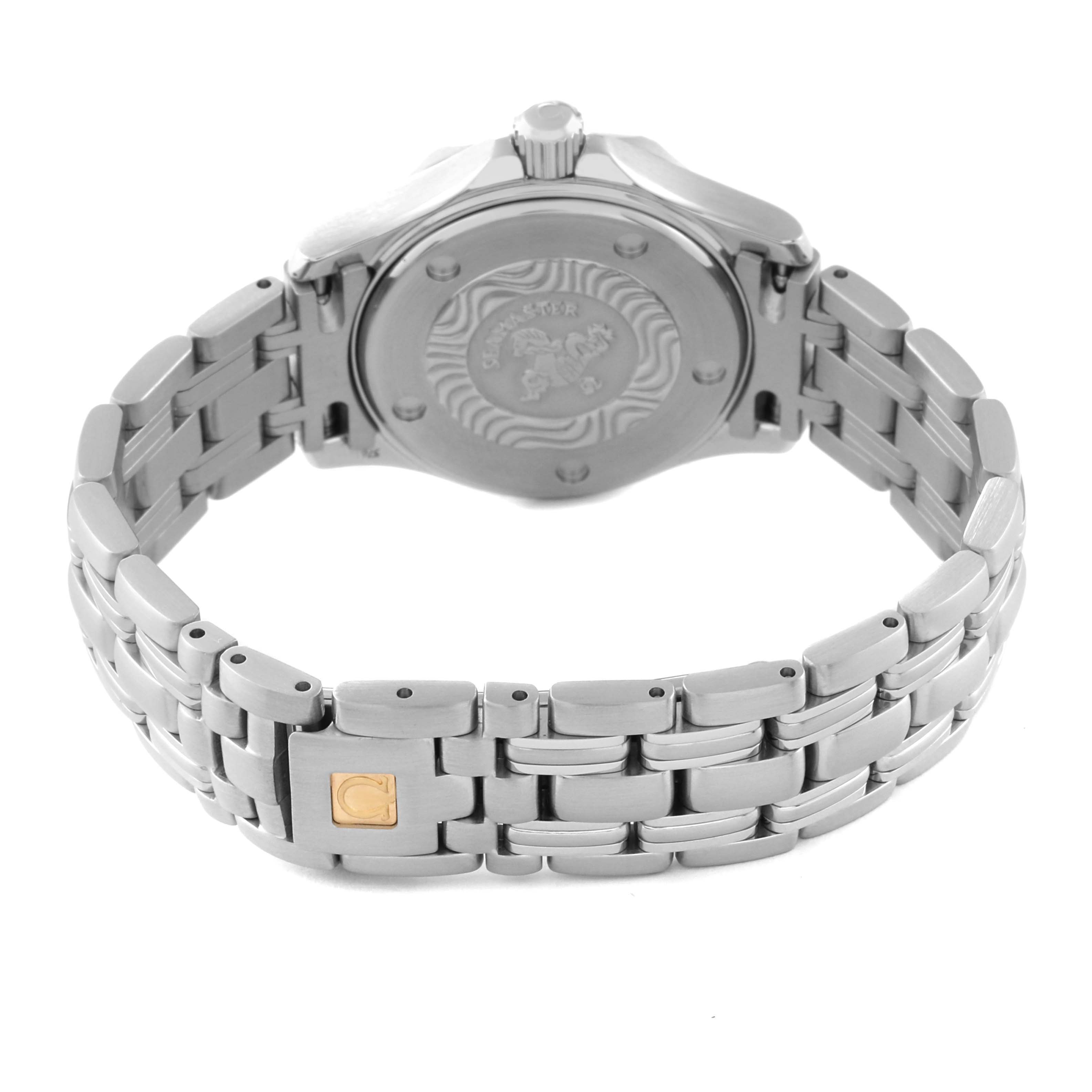 This is the rear view of the Omega 2583.80.00 Women's Stainless Steel Blue Dial 2583.80.00 Women's Stainless Steel Blue Dial Seamaster Diver 300M 28mm Steel Ladies Watch 2583.80.00, showing the case back and bracelet.