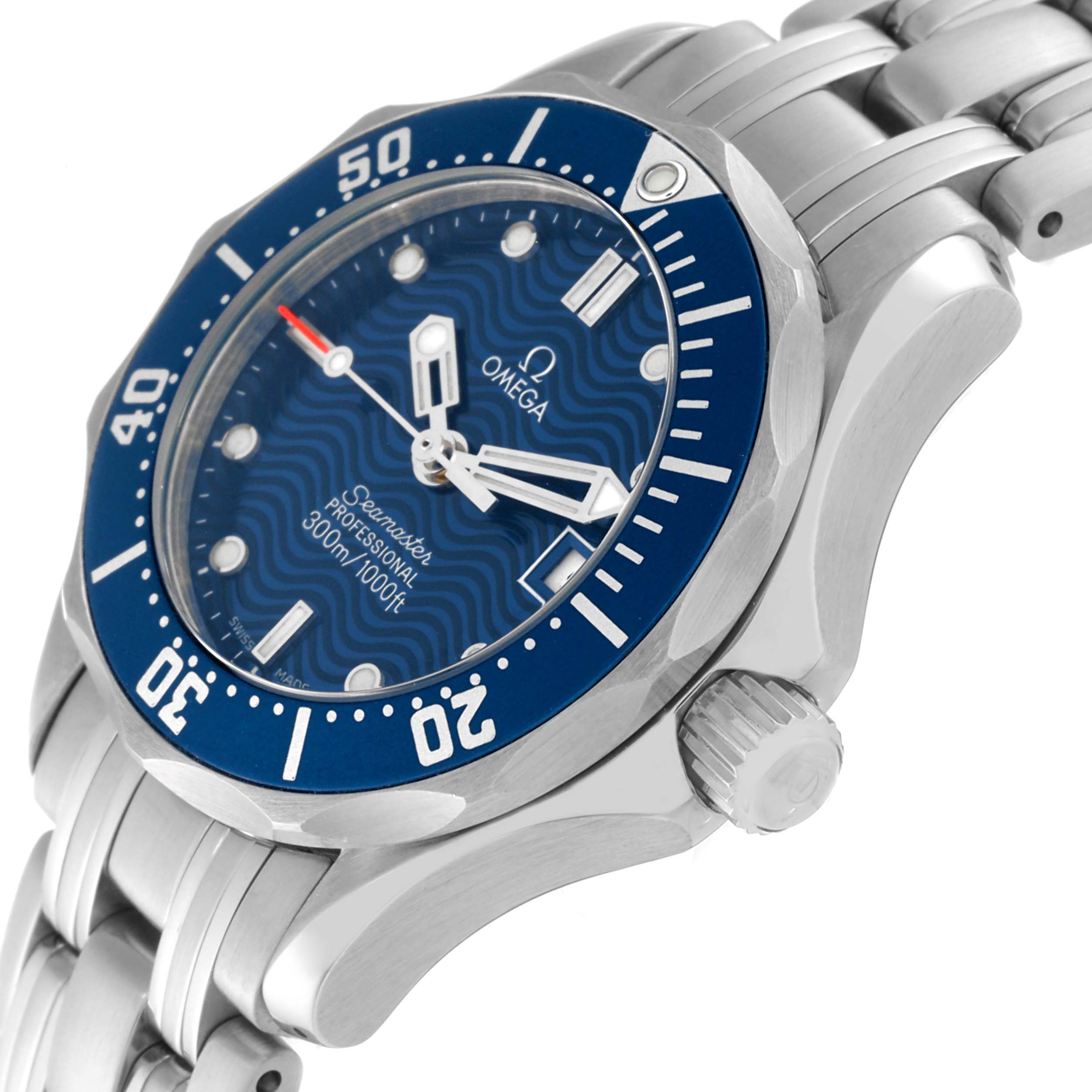 This image shows an angled close-up of the dial, bezel, crown, and part of the bracelet of the Omega 2583.80.00 Women's Stainless Steel Blue Dial 2583.80.00 Women's Stainless Steel Blue Dial Seamaster Diver 300M 28mm Steel Ladies Watch 2583.80.00.