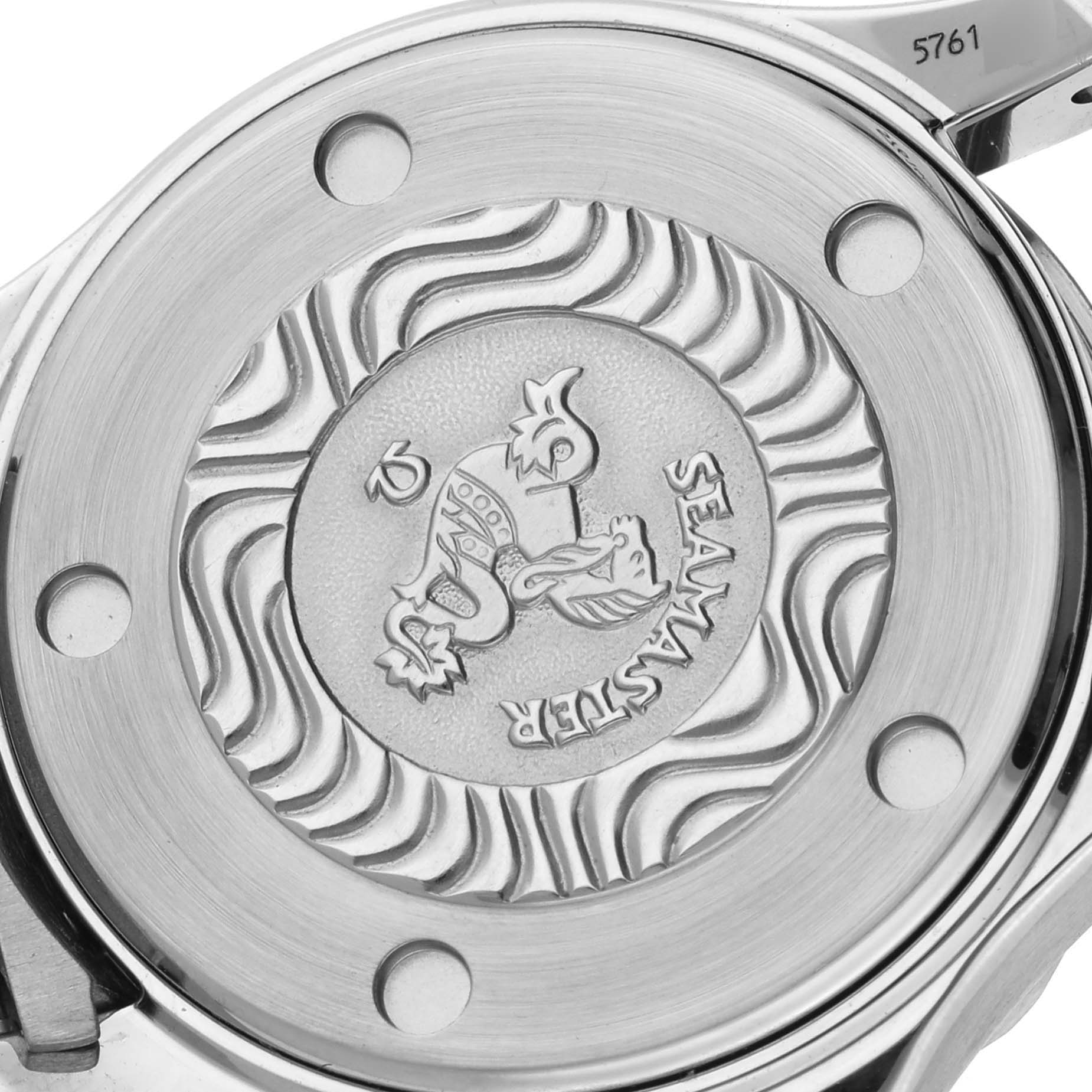 The image shows a close-up of the case back of the Omega 2583.80.00 Women's Stainless Steel Blue Dial 2583.80.00 Women's Stainless Steel Blue Dial Seamaster Diver 300M 28mm Steel Ladies Watch model 2583.80.00.