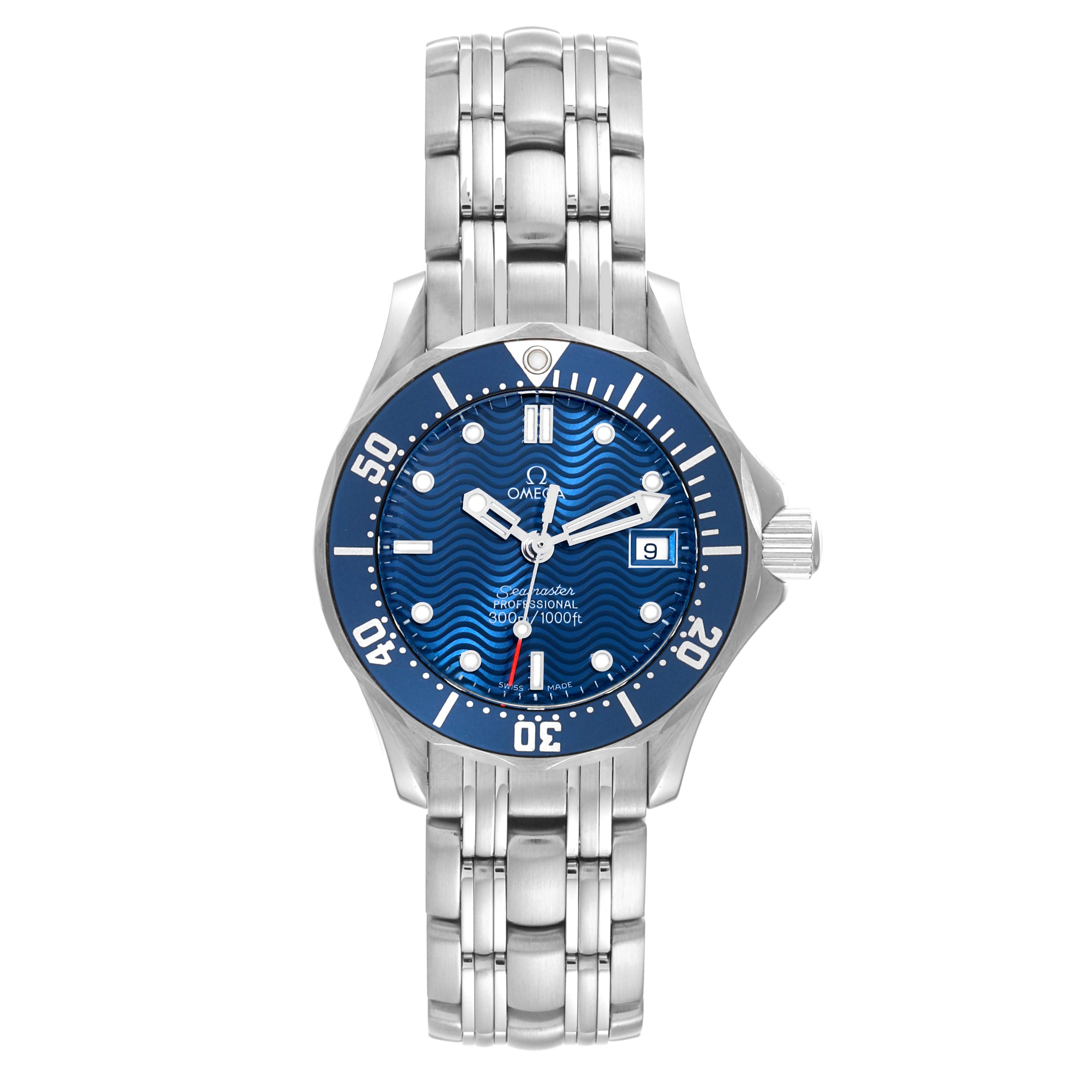 This is a front-angle view of the Omega 2583.80.00 Women's Stainless Steel Blue Dial 2583.80.00 Women's Stainless Steel Blue Dial Seamaster Diver 300M 28mm Steel Ladies Watch 2583.80.00, showing the entire watch face and bracelet.