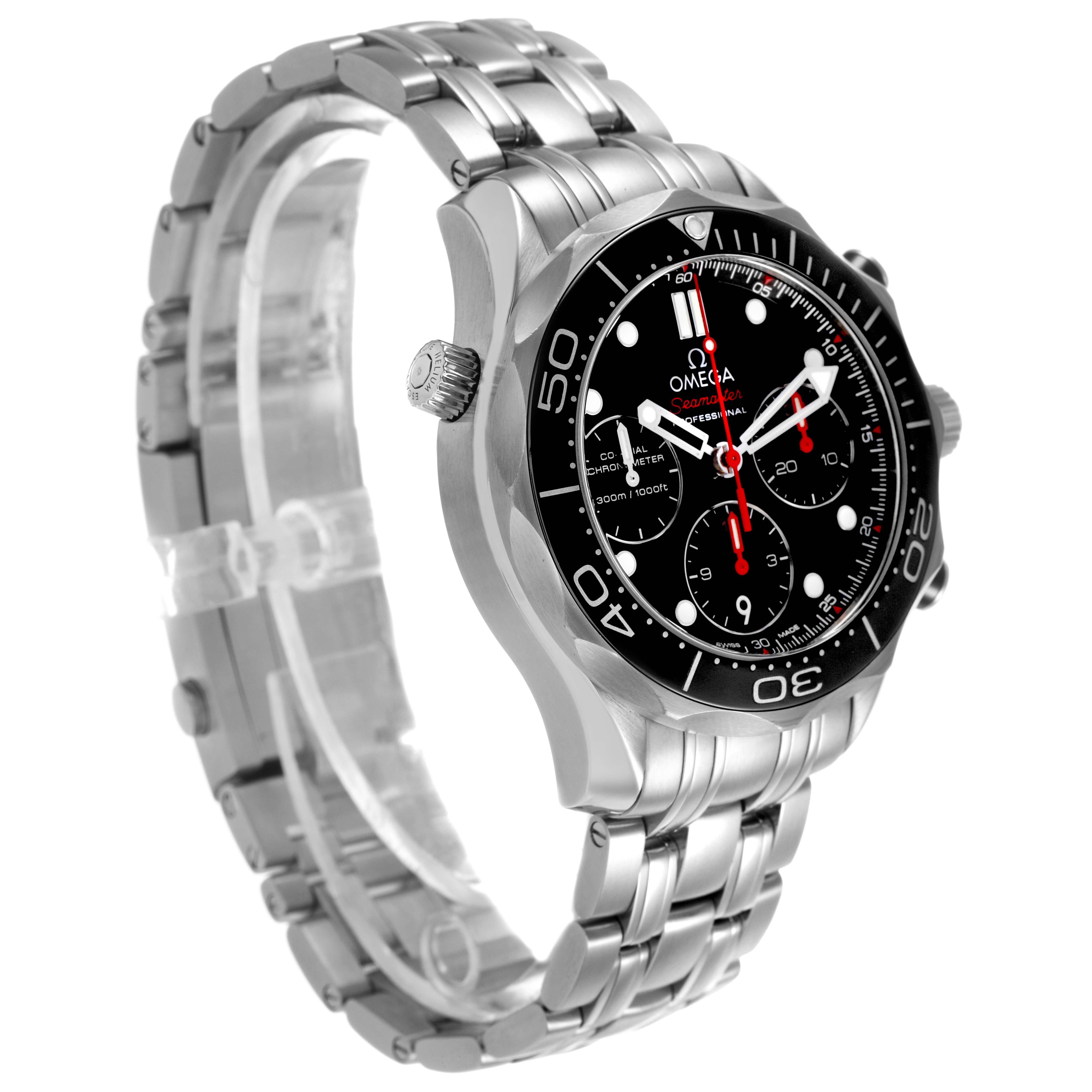 The Omega Seamaster 212.30.42.50.01.001 Men's Stainless Steel Black Dial watch is shown at a tilted side angle, highlighting its bezel, dial, and stainless steel bracelet.