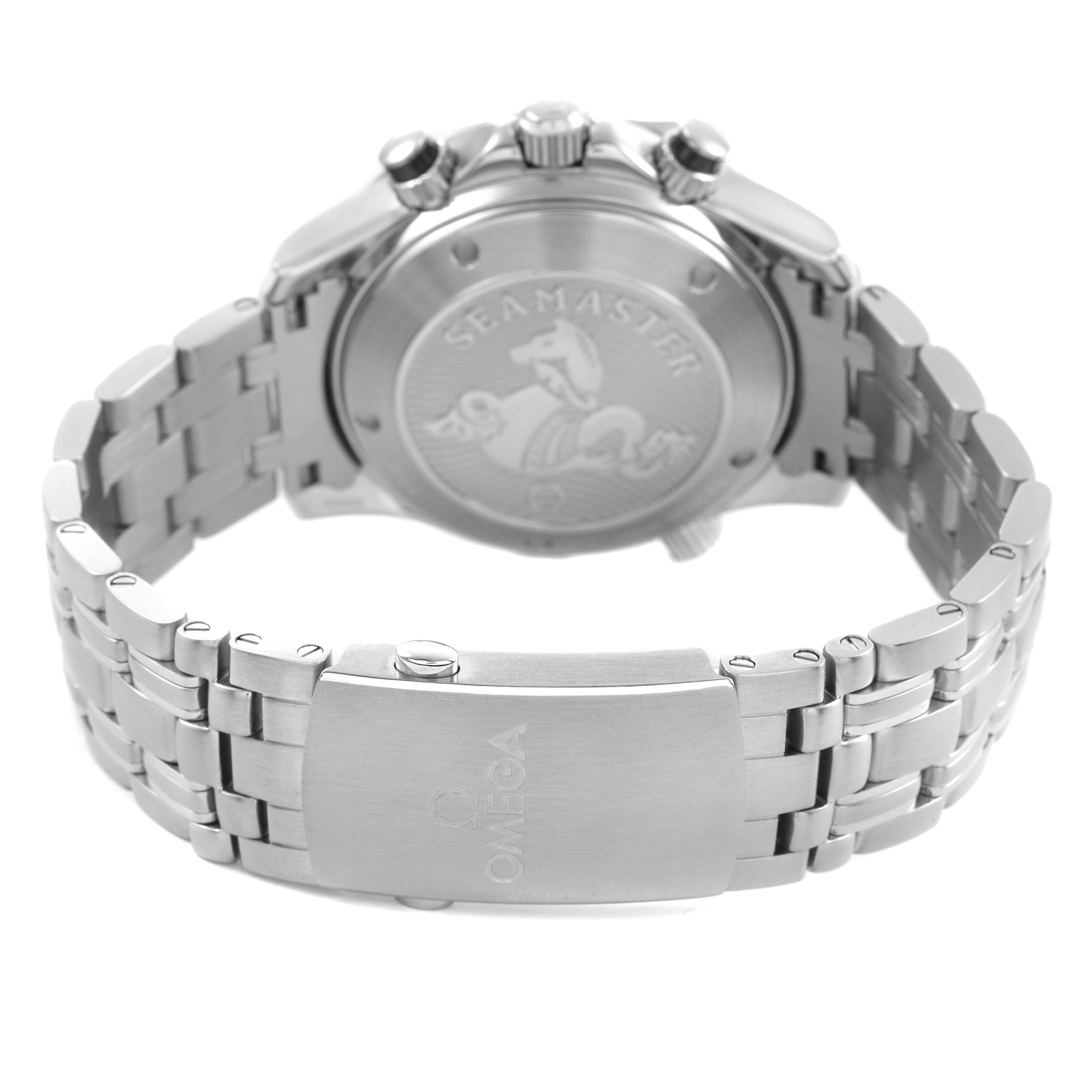 The image shows the back of an Omega Seamaster 212.30.42.50.01.001 Men's Stainless Steel Black Dial watch, highlighting the case back, pushers, crown, and bracelet clasp.