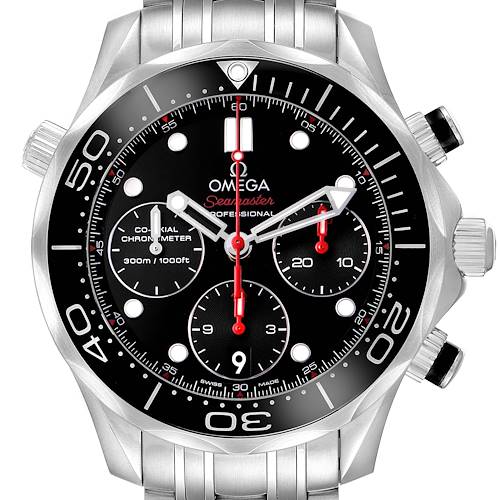 The image shows a front angle of an Omega Seamaster 212.30.42.50.01.001 Men's Stainless Steel Black Dial watch, highlighting the bezel, dial, and chronograph sub-dials.