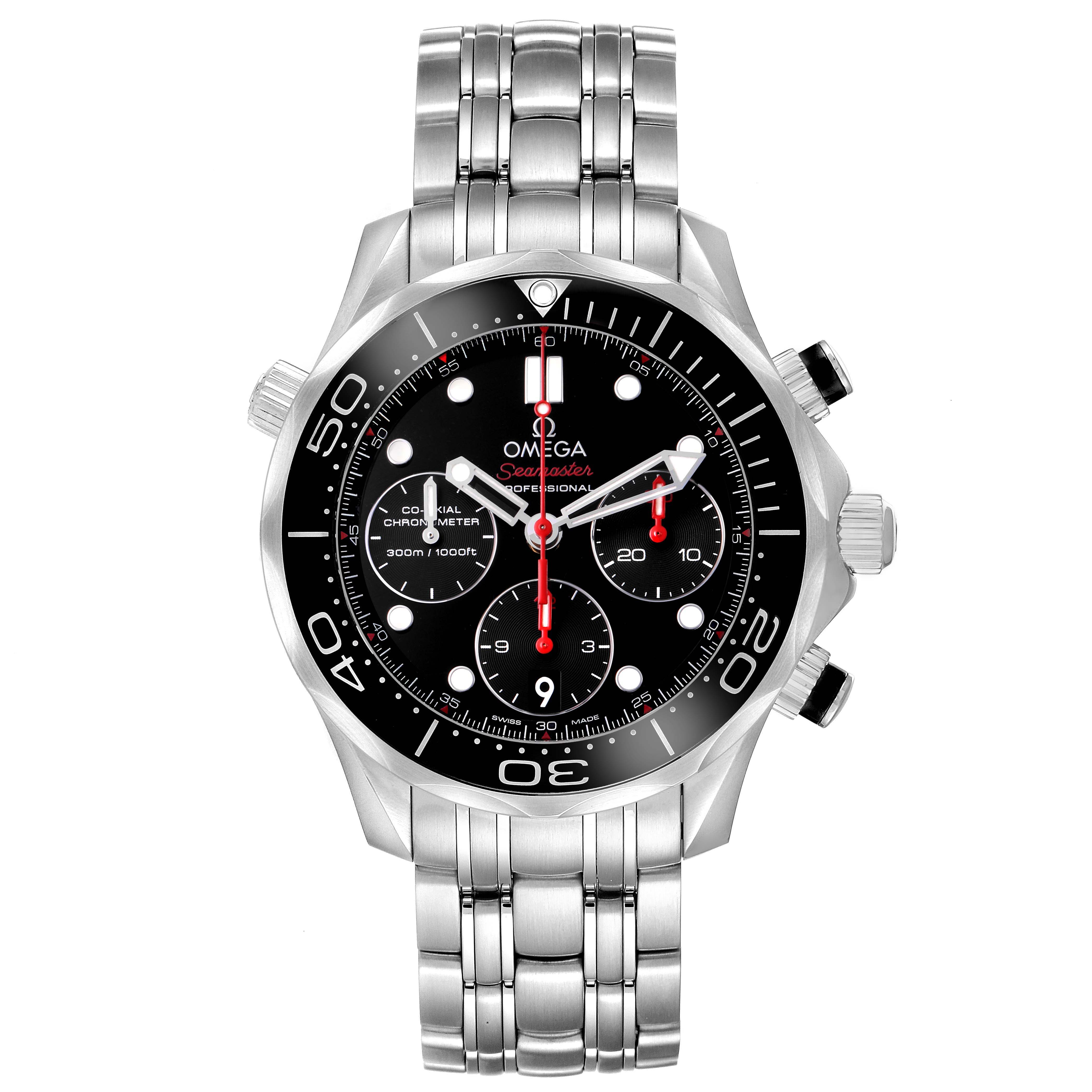 The Omega Seamaster 212.30.42.50.01.001 Men's Stainless Steel Black Dial watch is shown from the front, displaying its bezel, dial, subdials, hands, and bracelet.
