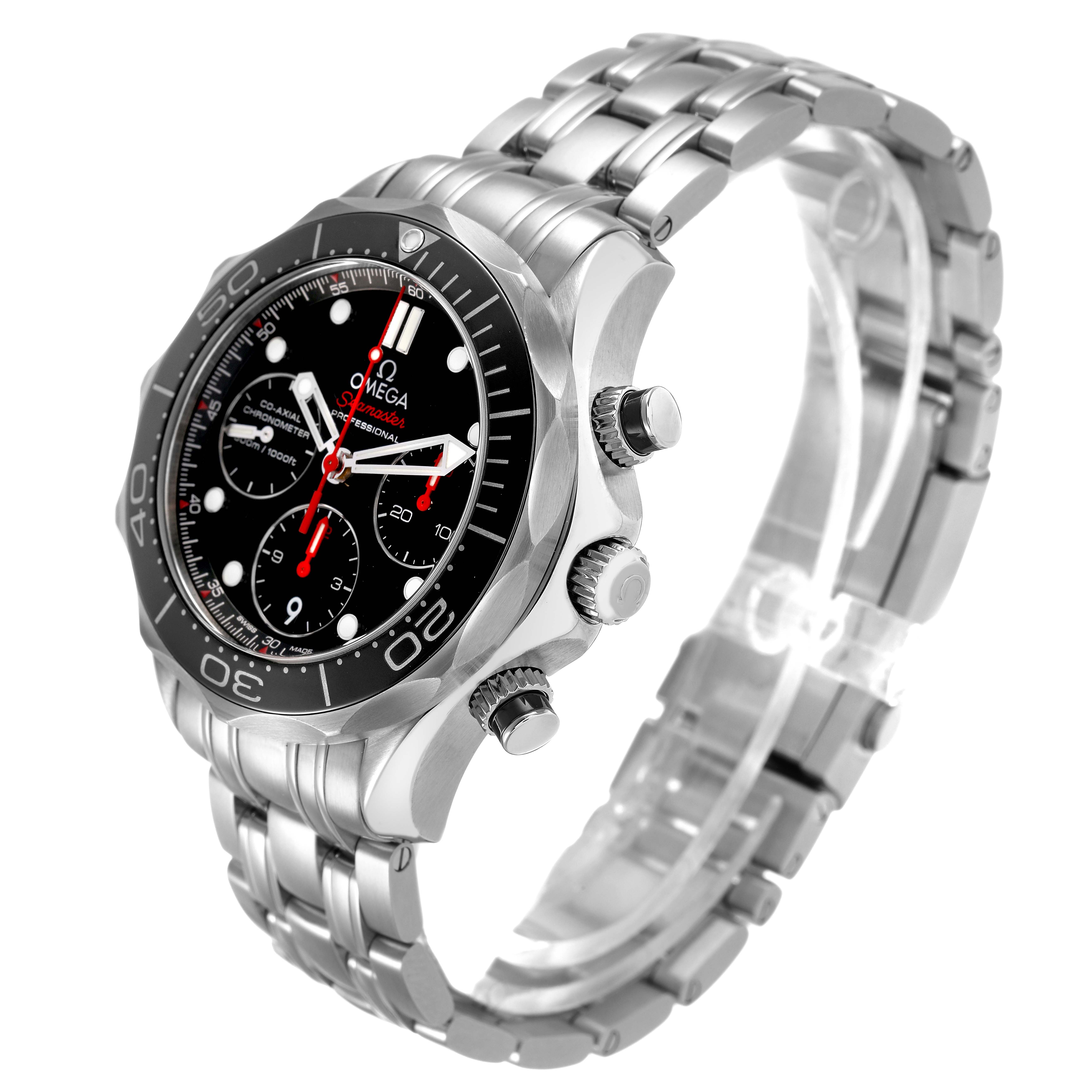 The Omega Seamaster 212.30.42.50.01.001 Men's Stainless Steel Black Dial watch is shown at a three-quarter angle highlighting the dial, bezel, pushers, crown, and bracelet.