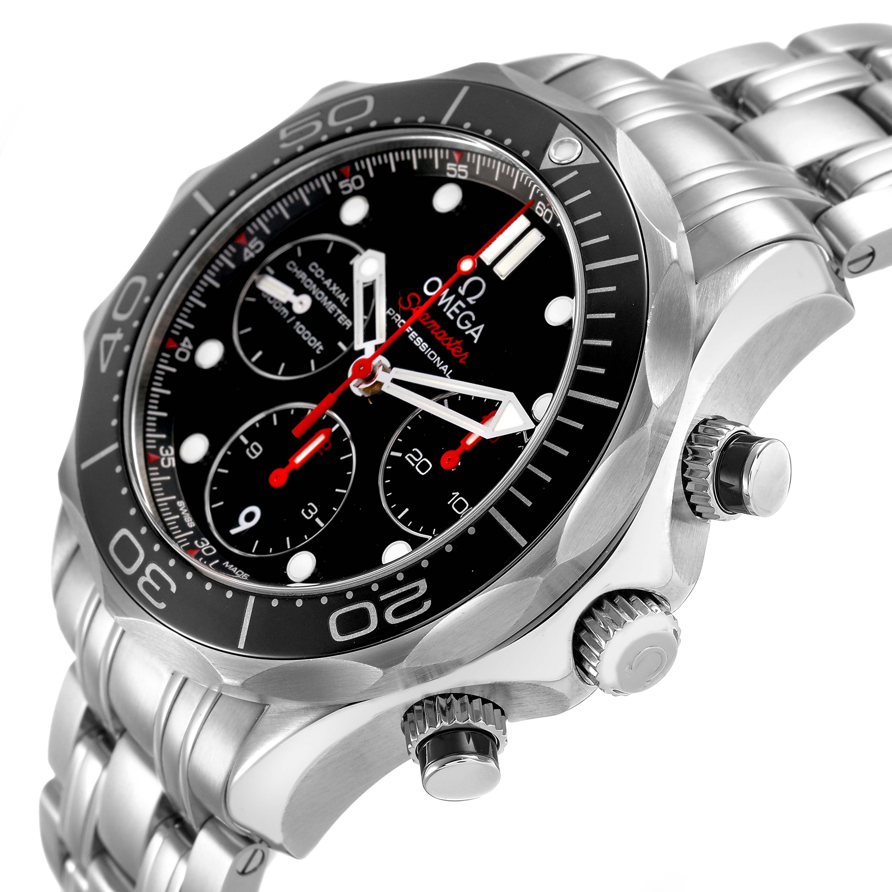 The Omega Seamaster 212.30.42.50.01.001 Men's Stainless Steel Black Dial model is shown at an angle highlighting the bezel, face, crown, pushers, and stainless steel bracelet.