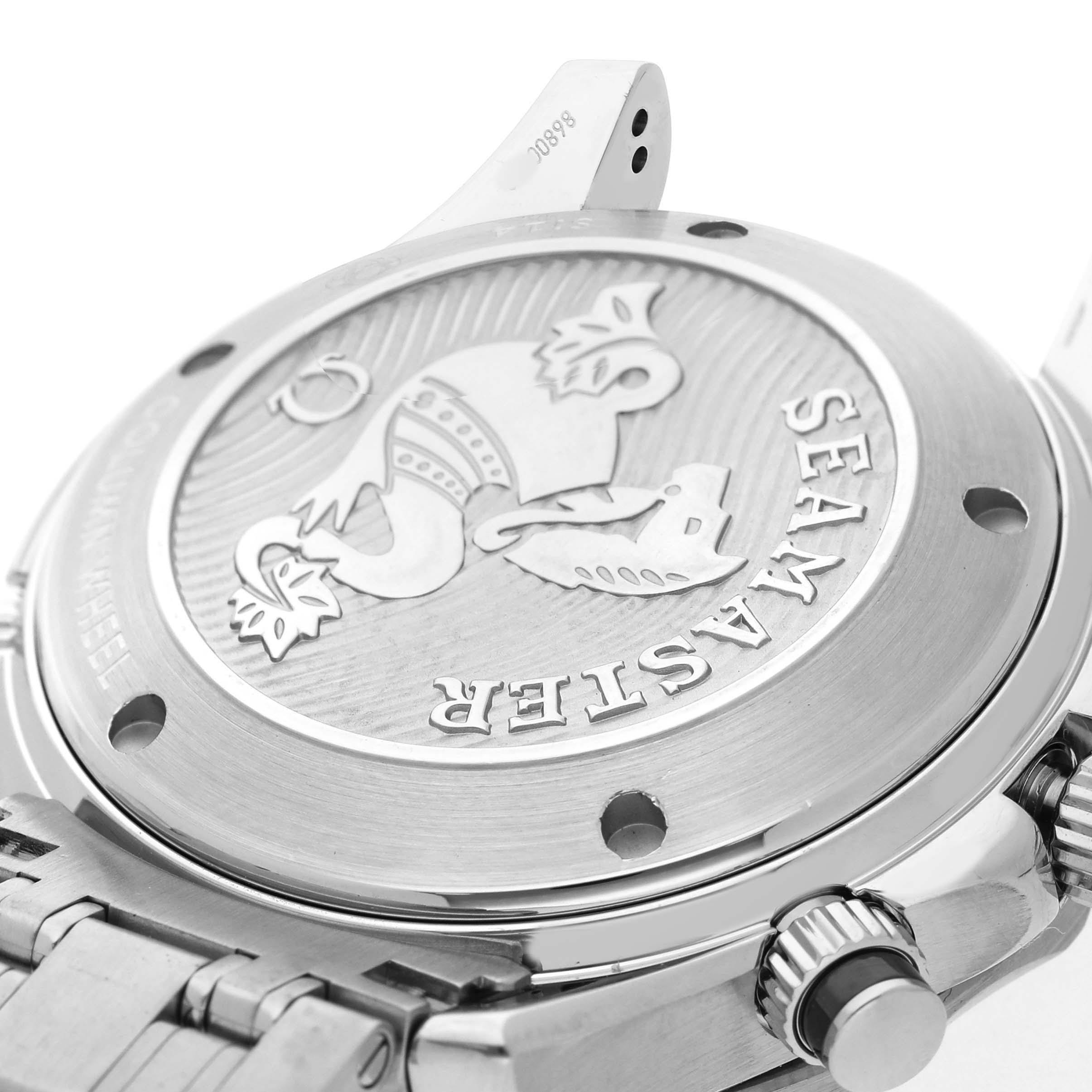 The image shows the case back and side view of the Omega Seamaster 212.30.42.50.01.001 Men's Stainless Steel Black Dial watch, highlighting its engraved emblem and crown.