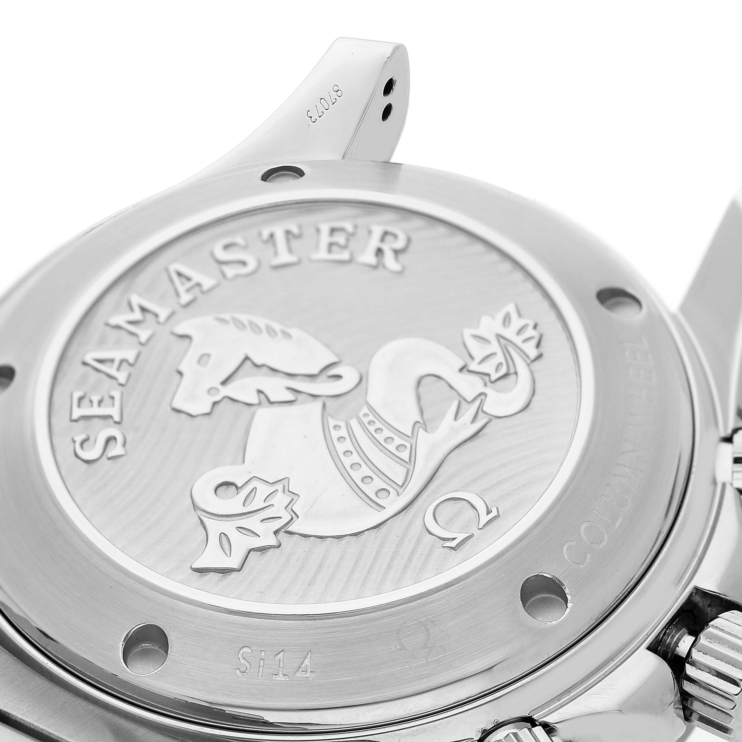 The image shows the case back of an Omega Seamaster 212.30.42.50.01.001 Men's Stainless Steel Black Dial watch at an angle highlighting the embossed logo and text.
