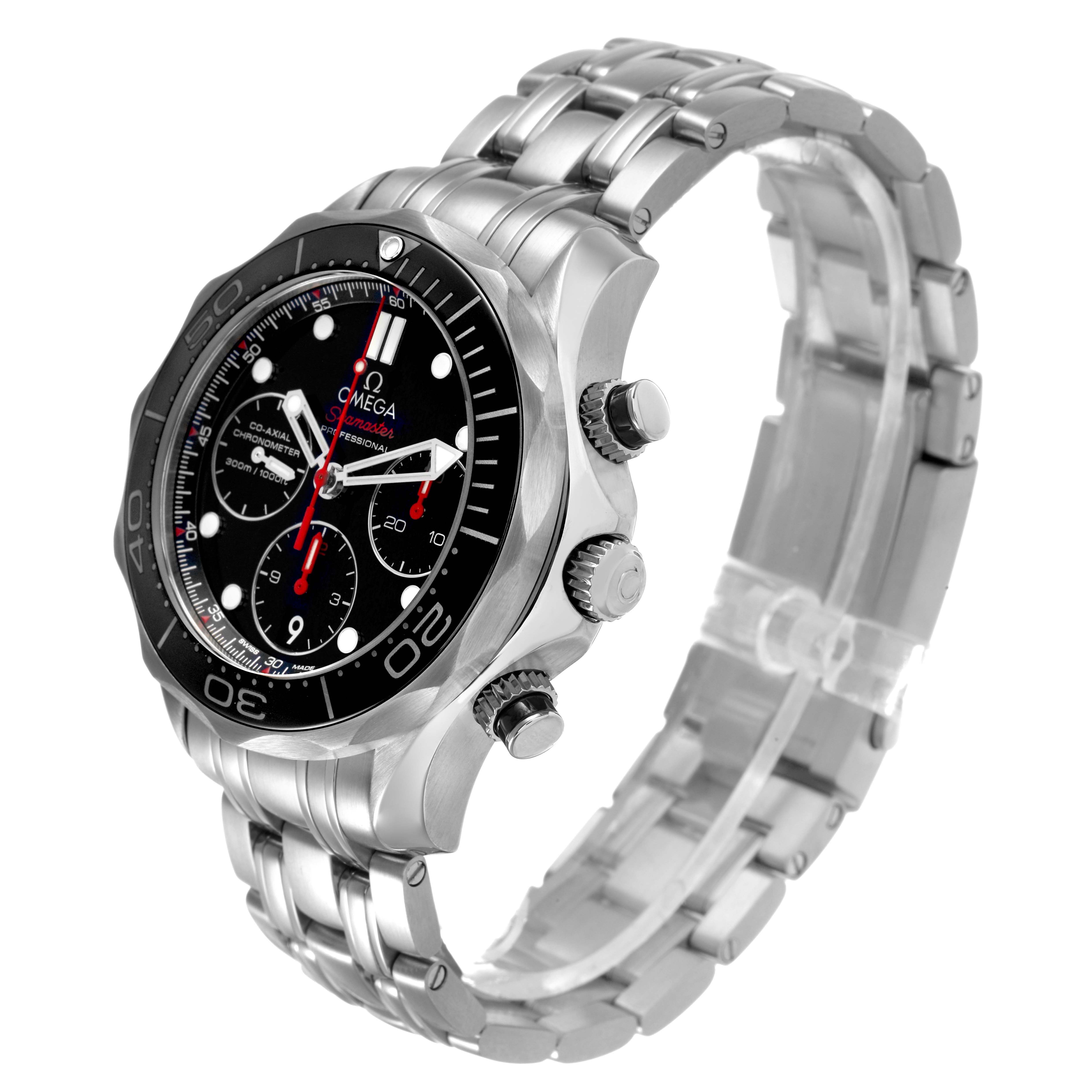 The Omega Seamaster 212.30.42.50.01.001 Men's Stainless Steel Black Dial watch is shown at a three-quarter angle, highlighting the face, bezel, chronograph buttons, and stainless steel bracelet.