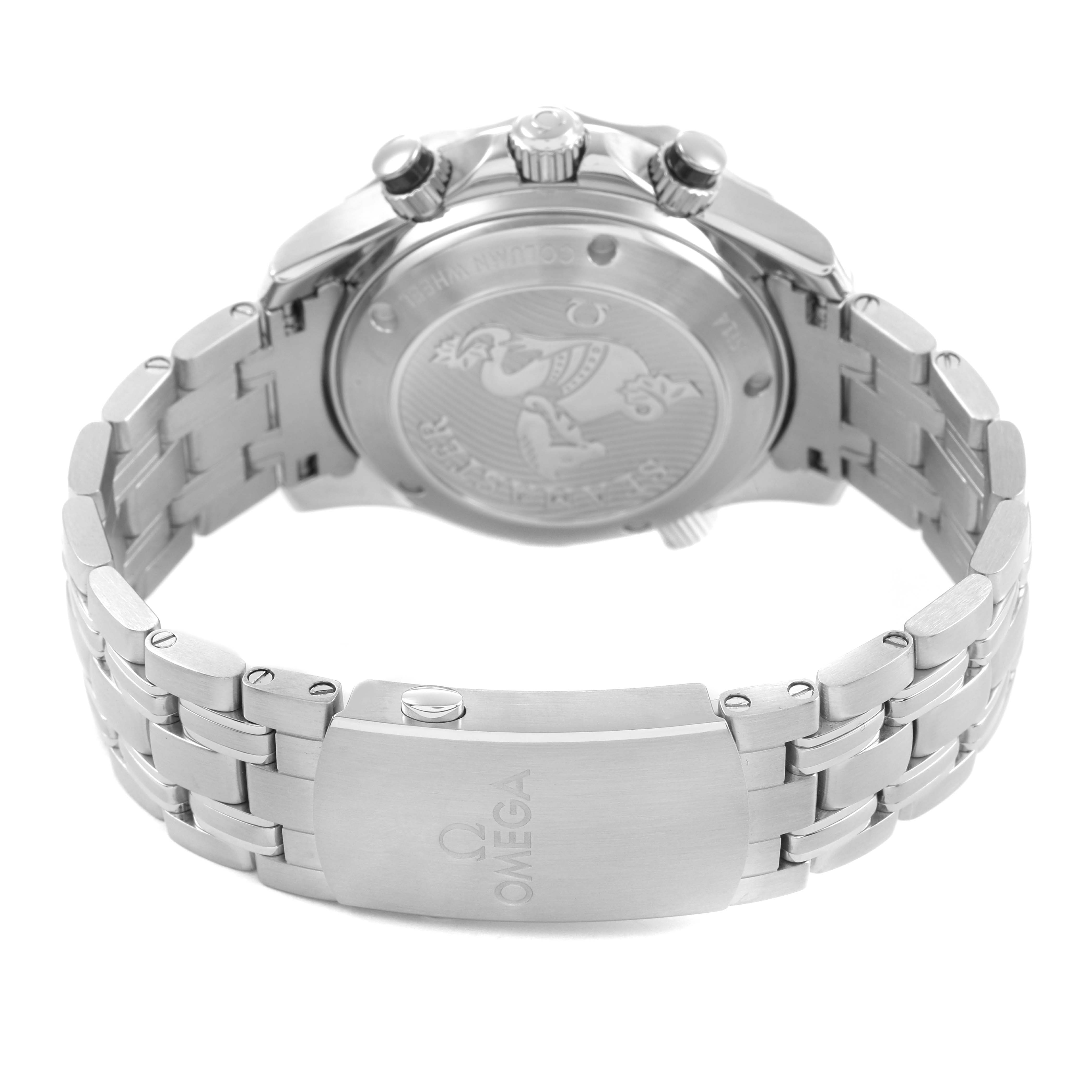 The image shows the back view of an Omega Seamaster 212.30.42.50.01.001 Men's Stainless Steel Black Dial, highlighting the case back and metal bracelet clasp.