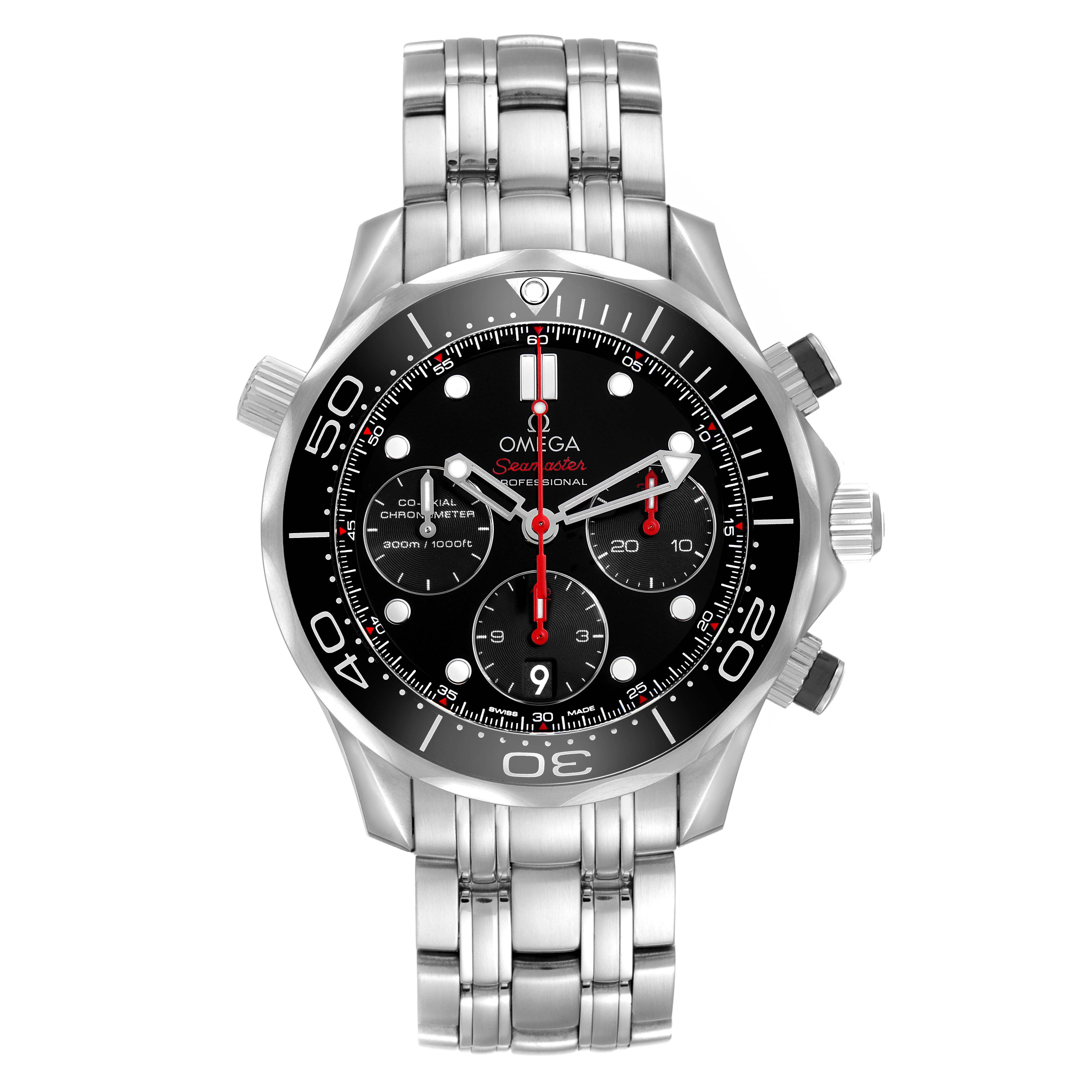 The Omega Seamaster 212.30.42.50.01.001 Men's Stainless Steel Black Dial watch is shown from a front angle, displaying its face, bezel, crown, and stainless steel bracelet.