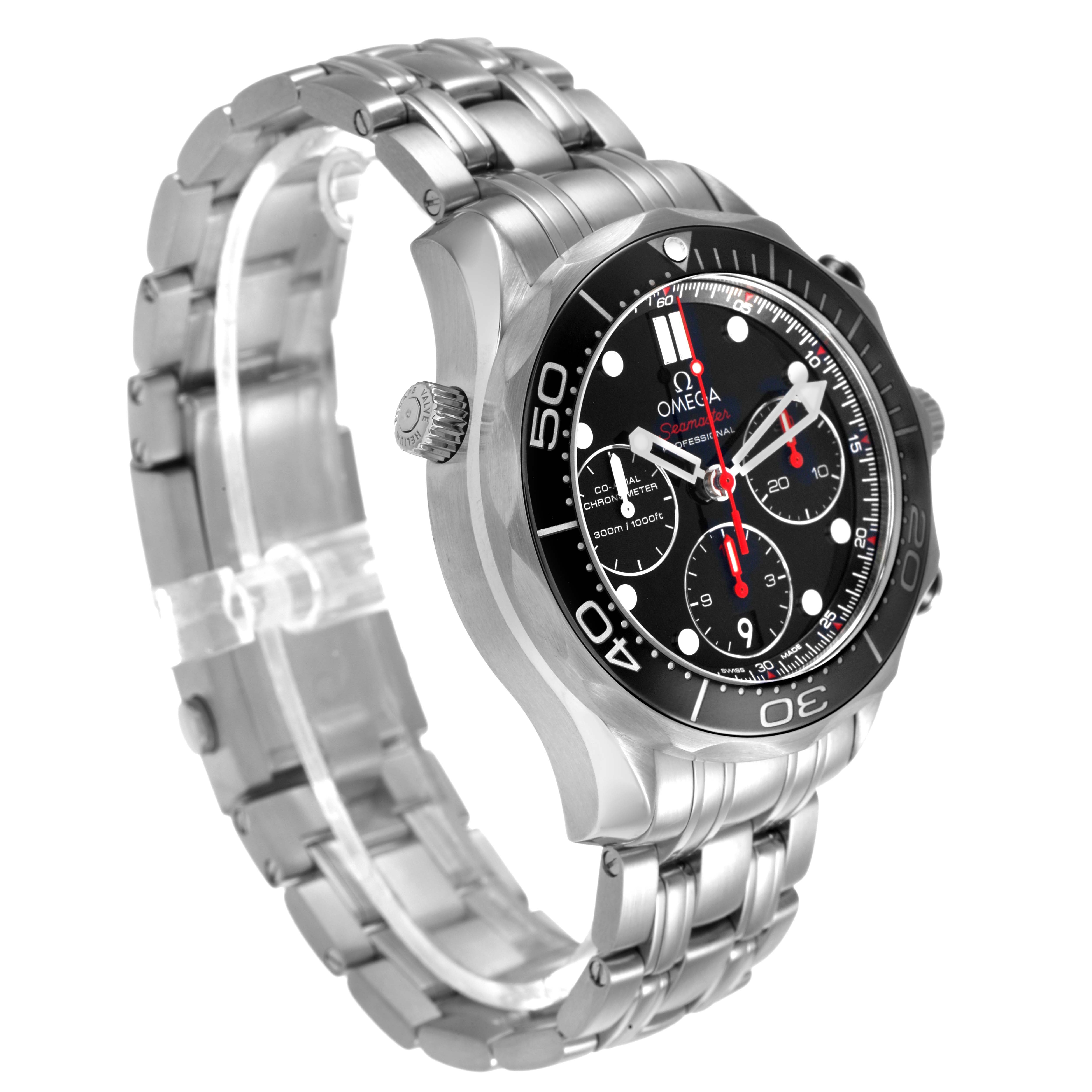 The Omega Seamaster 212.30.42.50.01.001 Men's Stainless Steel Black Dial watch is viewed from an angle showing the face, bezel, crown, and stainless steel bracelet.