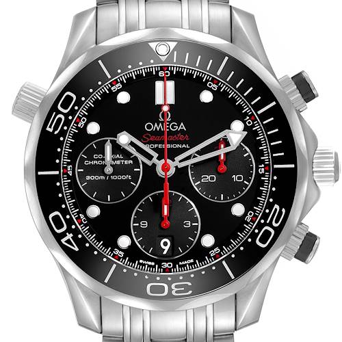 The Omega Seamaster 212.30.42.50.01.001 Men's Stainless Steel Black Dial watch is shown from the front, highlighting the dial, bezel, and chronograph subdials.