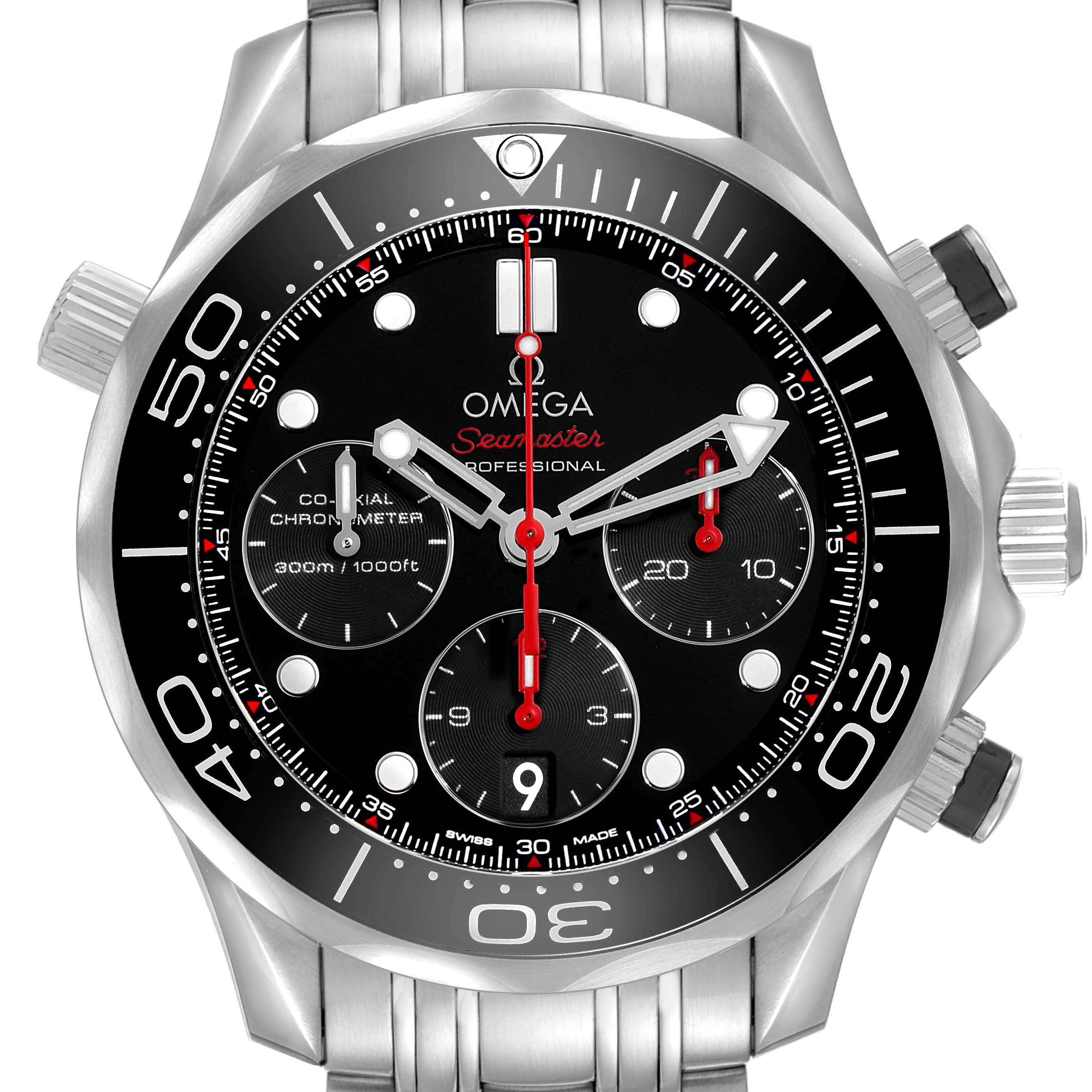 The Omega Seamaster 212.30.42.50.01.001 Men's Stainless Steel Black Dial watch is shown from the front, displaying the dial, bezel, crown, and chronograph subdials.