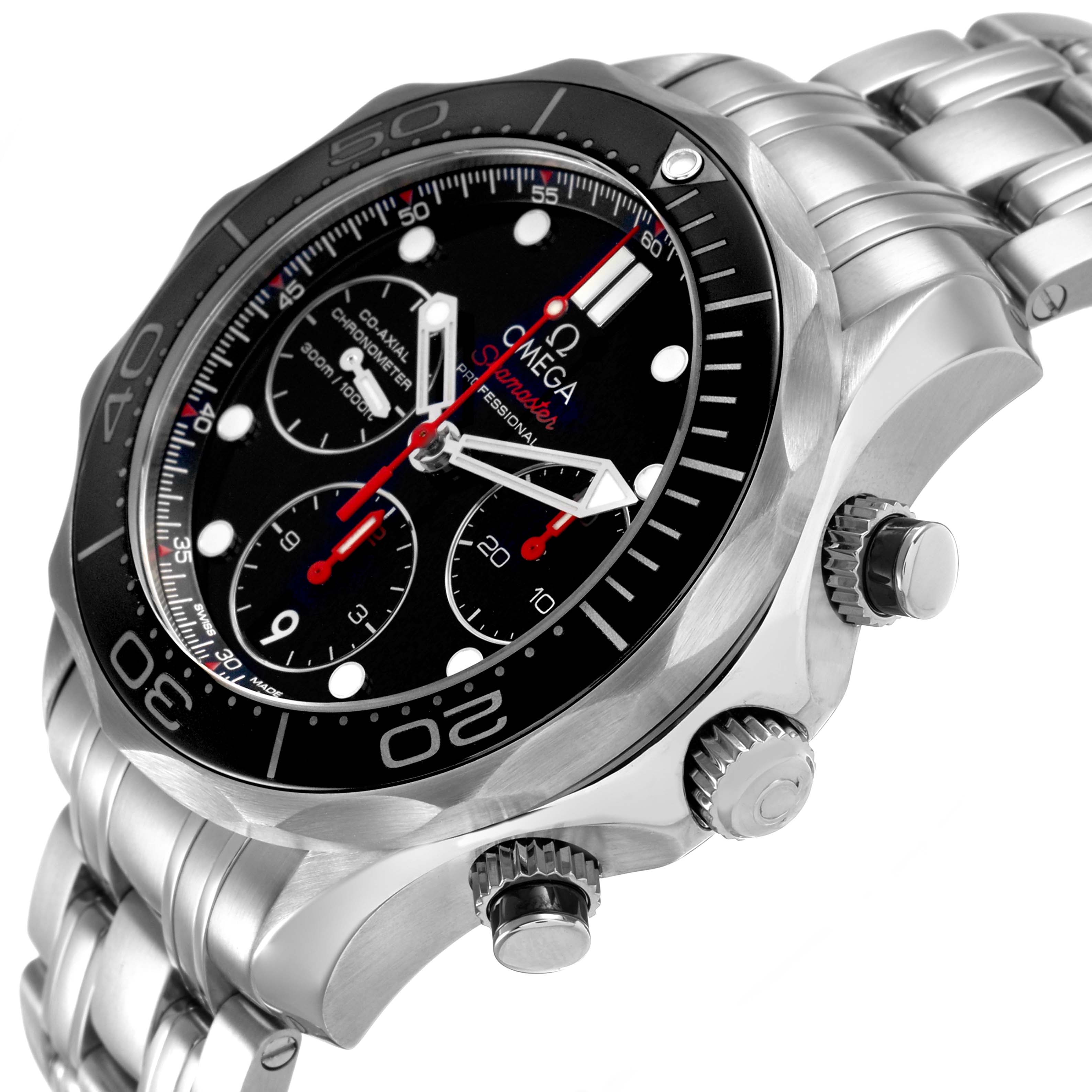 The Omega Seamaster 212.30.42.50.01.001 Men's Stainless Steel Black Dial watch is shown at an angled side view, highlighting the bezel, crown, and chronograph pushers.