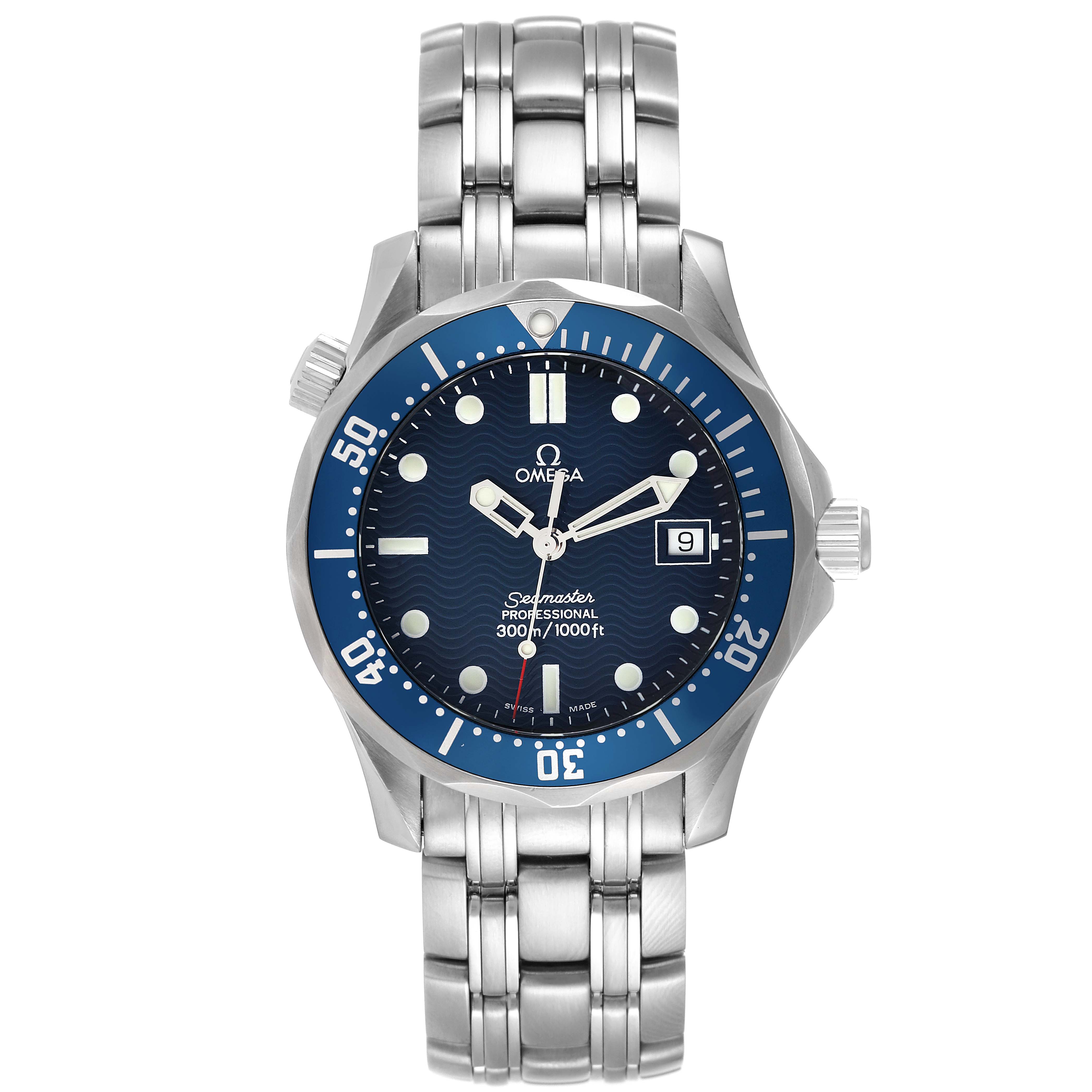 The image shows a frontal view of an Omega Seamaster 2561.80.00 Men's Stainless Steel Blue Dial 2561.80.00 Men's Stainless Steel Blue Dial watch, highlighting its face, bezel, and stainless steel bracelet.